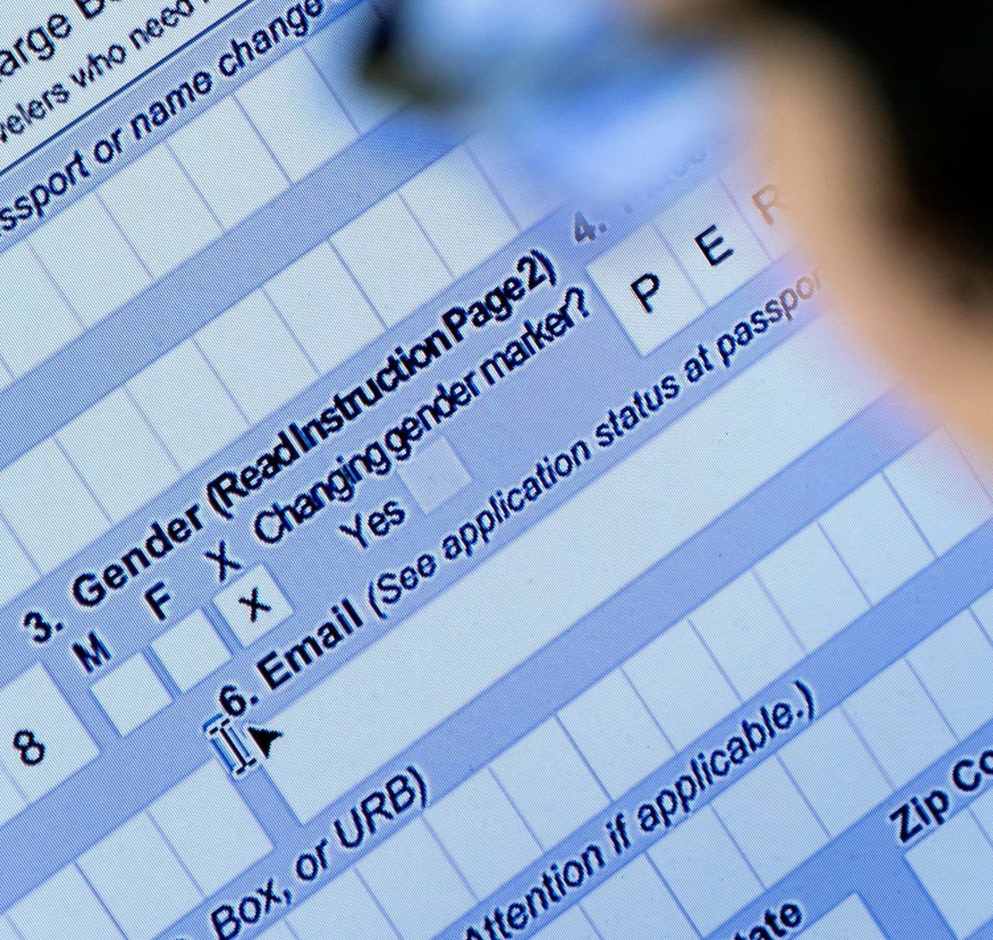 The image shows a close-up of a digital form on a screen, highlighting sections for gender, email, and personal details. A person is looking at the screen.