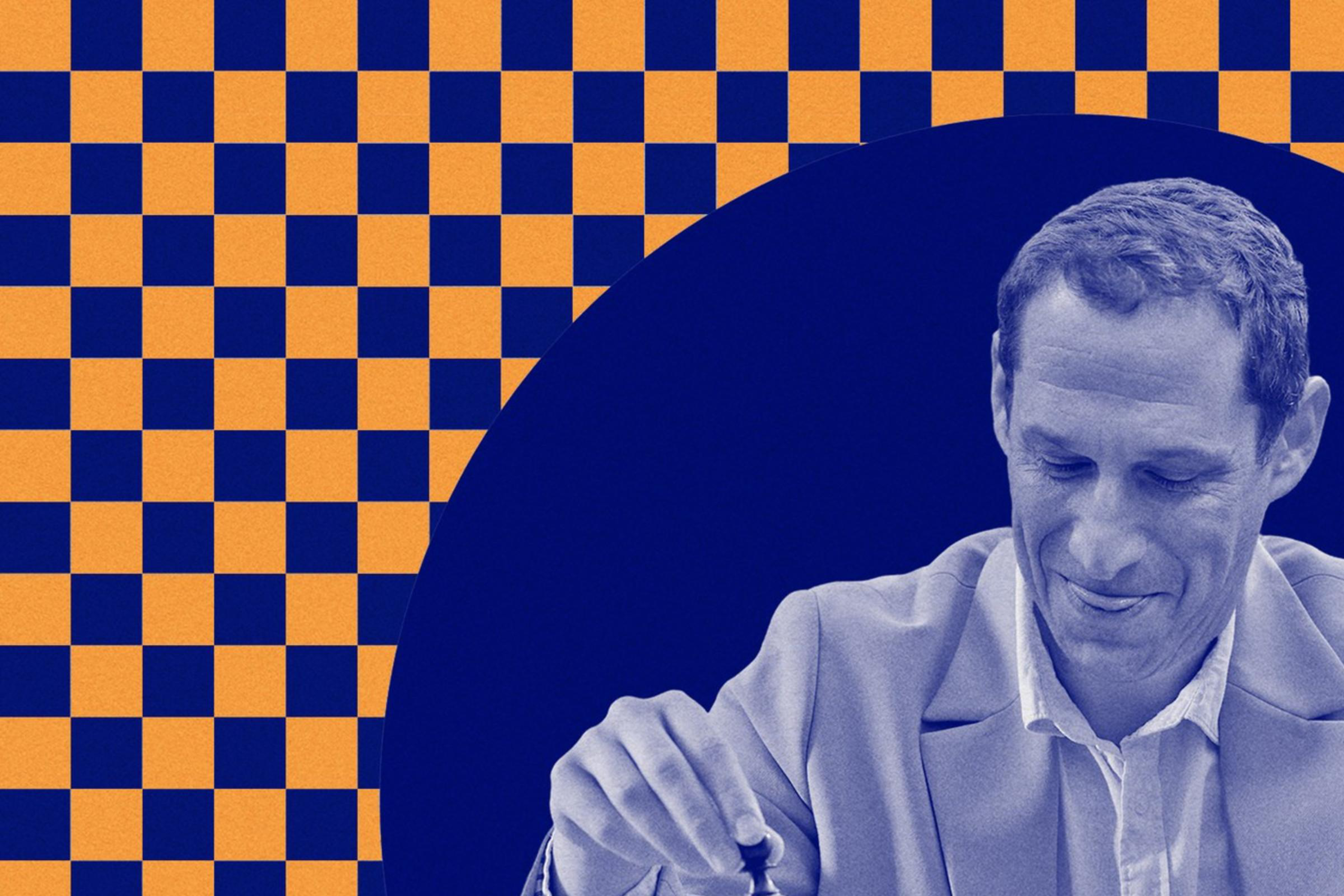 A photo illustration of a man playing chess