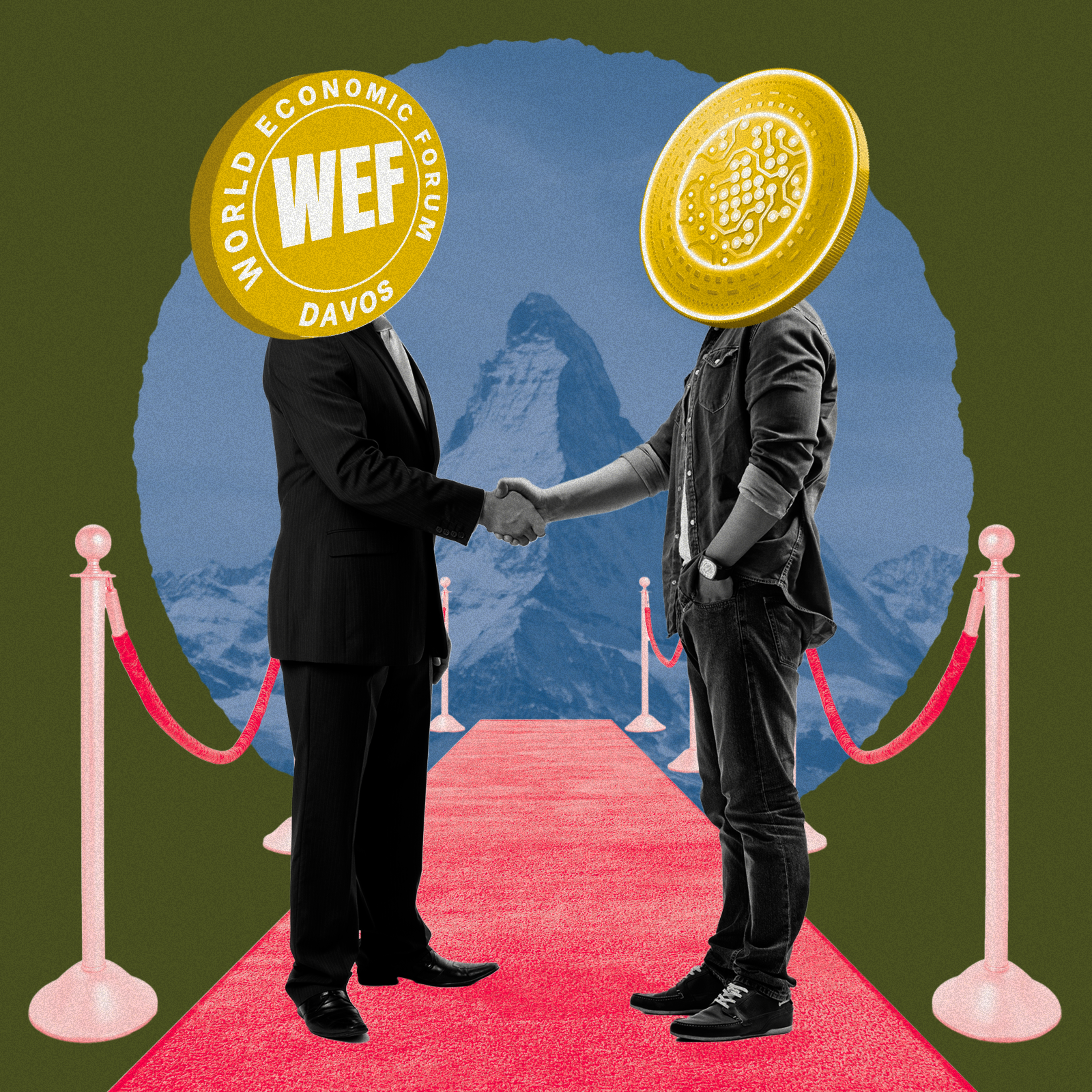 A collage featuring two figures shaking hands on the red carpet.