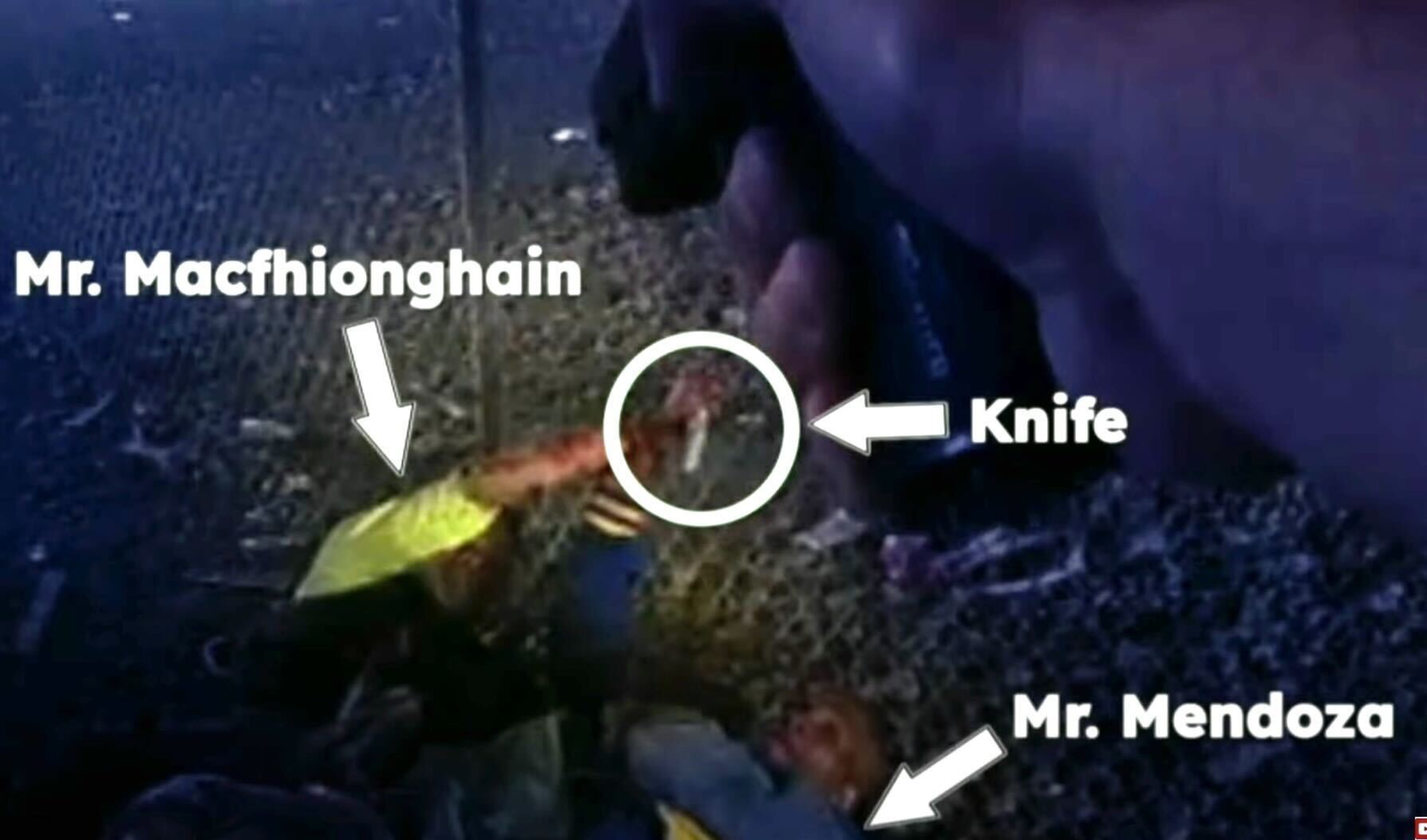A person wearing a black glove holds a small knife pointed towards two prone individuals labeled Mr. Macfhionghain and Mr. Mendoza.