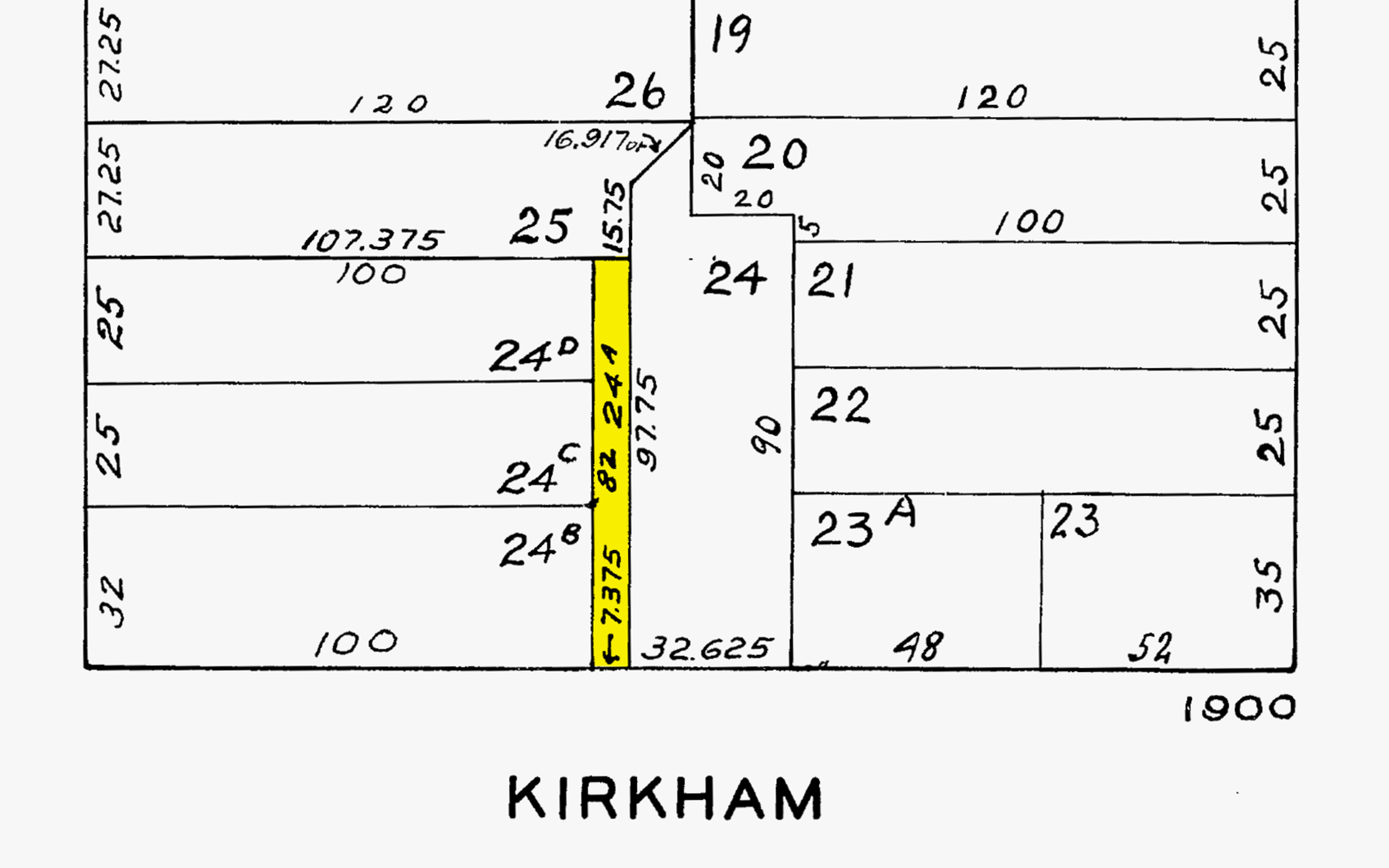 A section of a land parcel map labeled “Kirkham” shows rectangular lots with numbers and measurements, with lot 24A highlighted in yellow.
