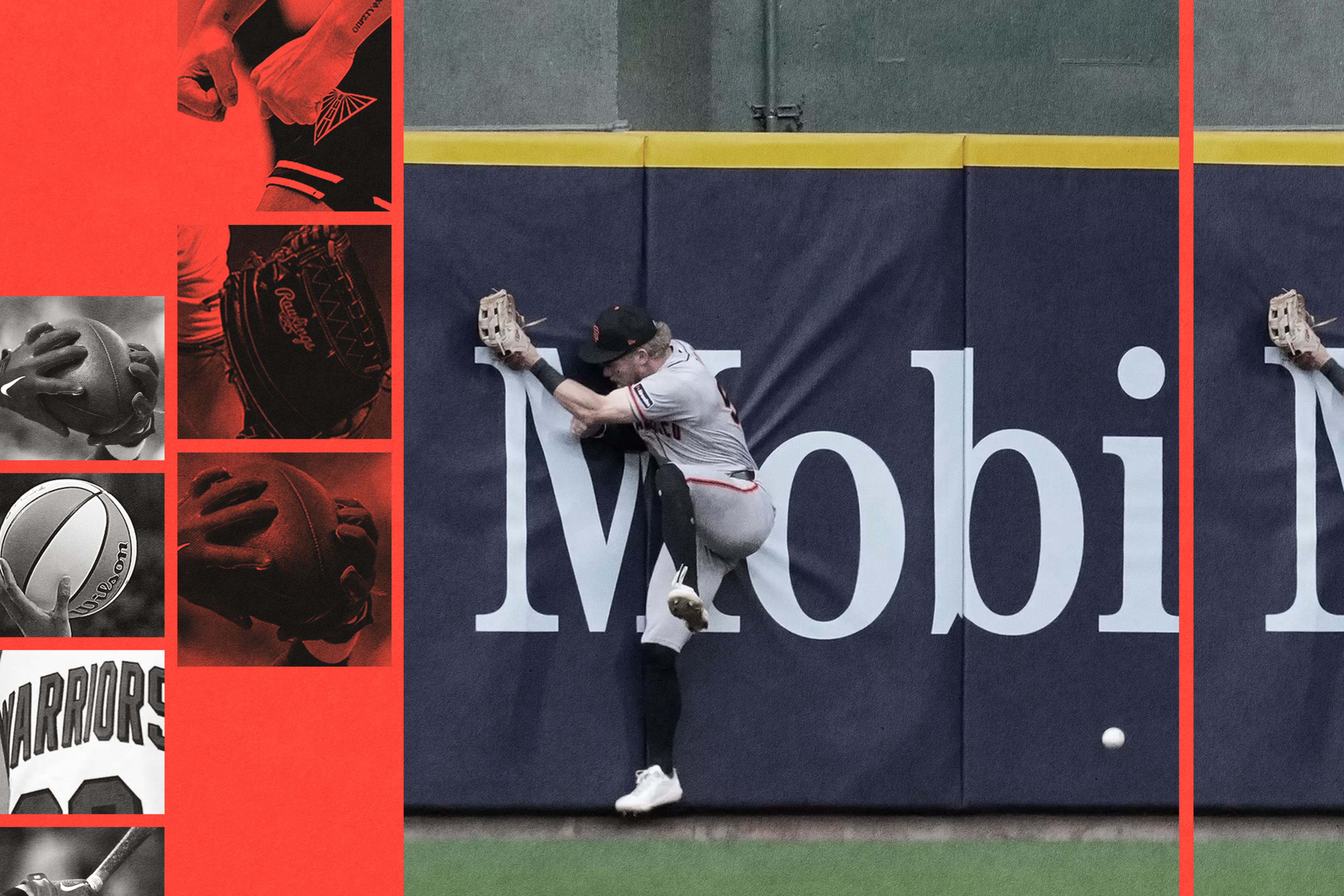 A baseball player jumps against an outfield wall with a glove extended, reaching to catch a ball near the "Mobil" advertisement.