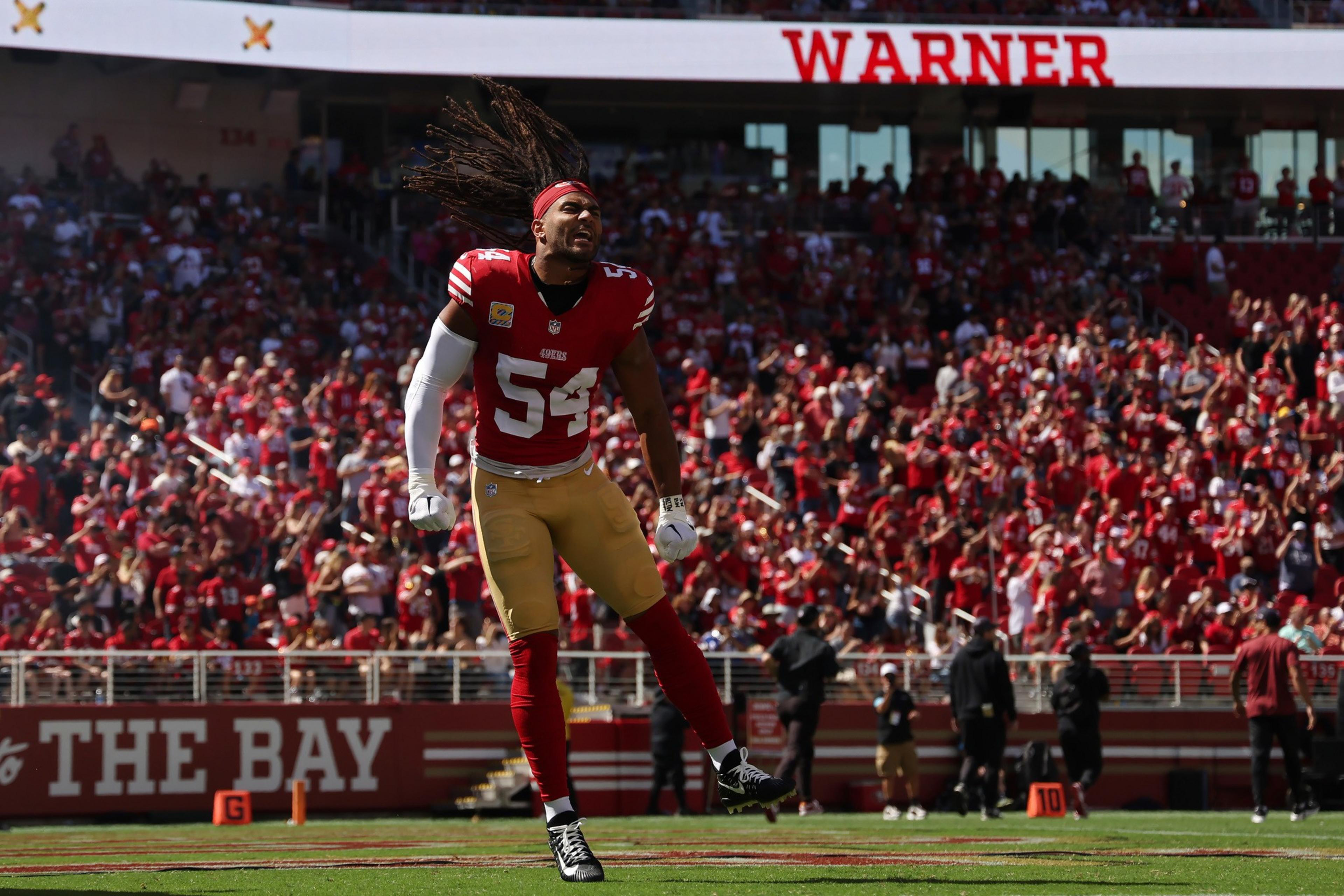 A football player in a red jersey and gold pants, number 54, is captured jumping energetically on the field, with a stadium full of cheering fans in the background.