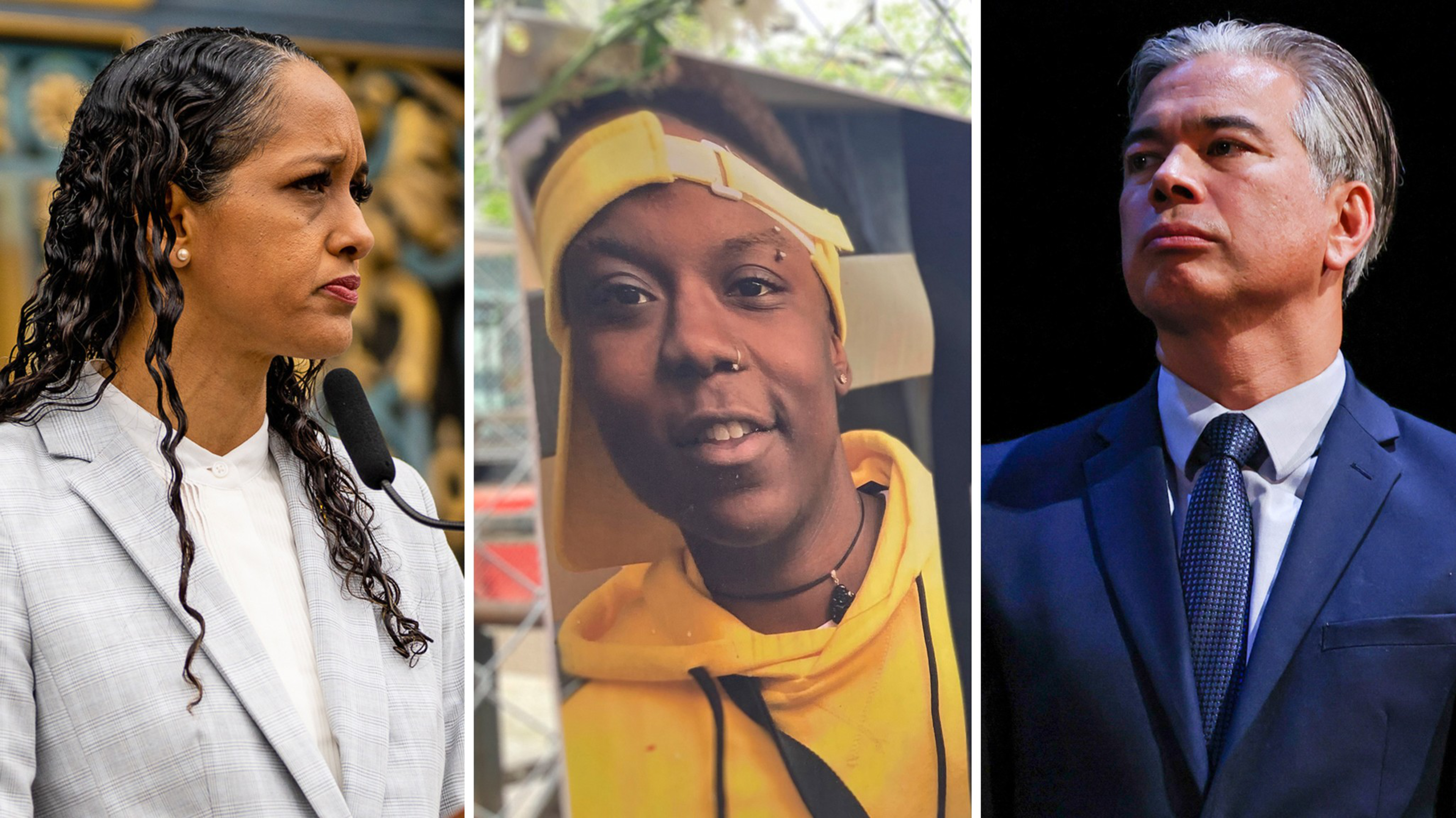A triptych showing District Attorney Brooke Jenkins, Banko Brown and Attorney General Rob Bonta 