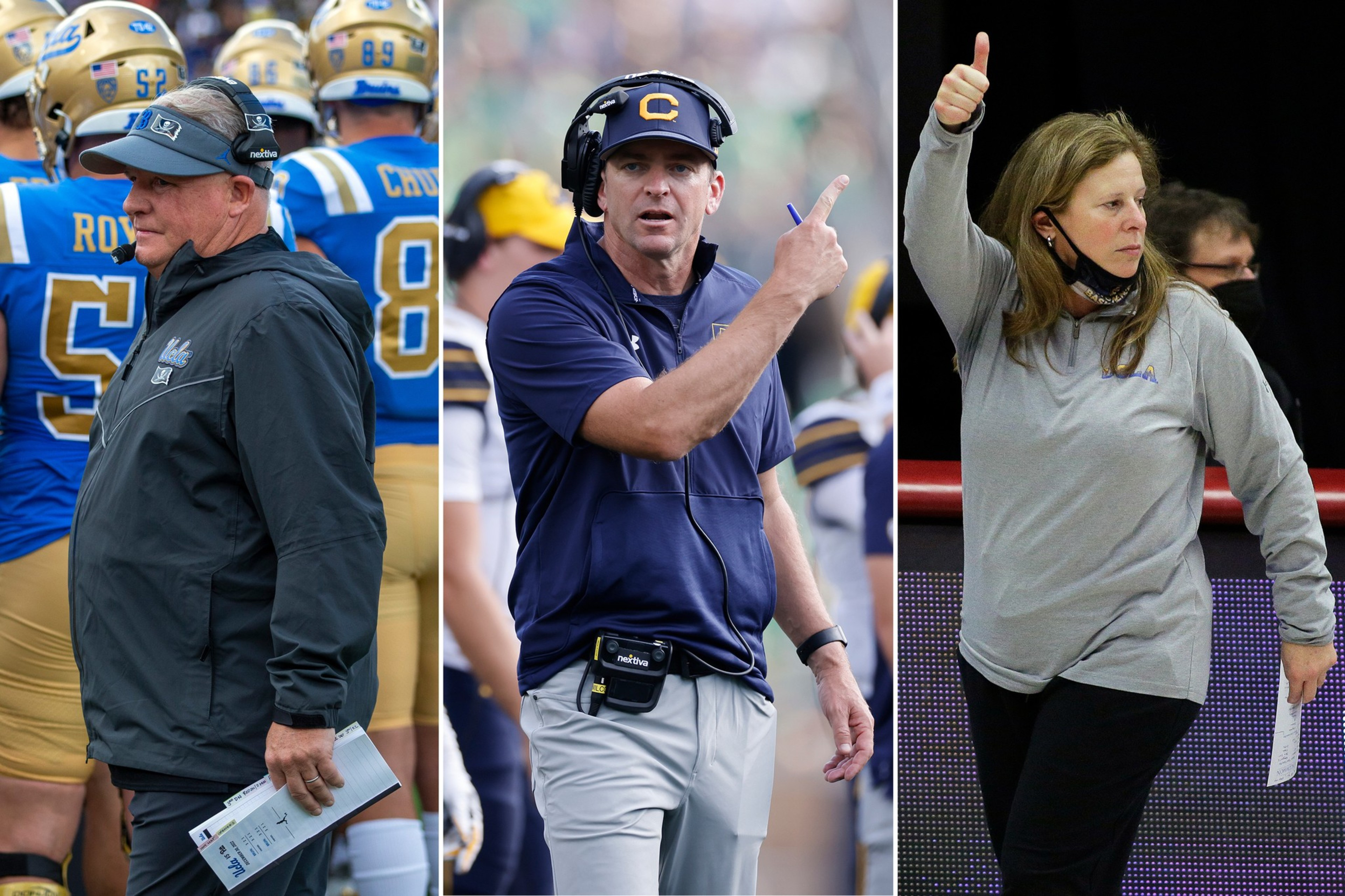 Three football coaches on the sidelines: one holds a play sheet, one points while wearing a headset, and one gives a thumbs-up with a mask below her chin.