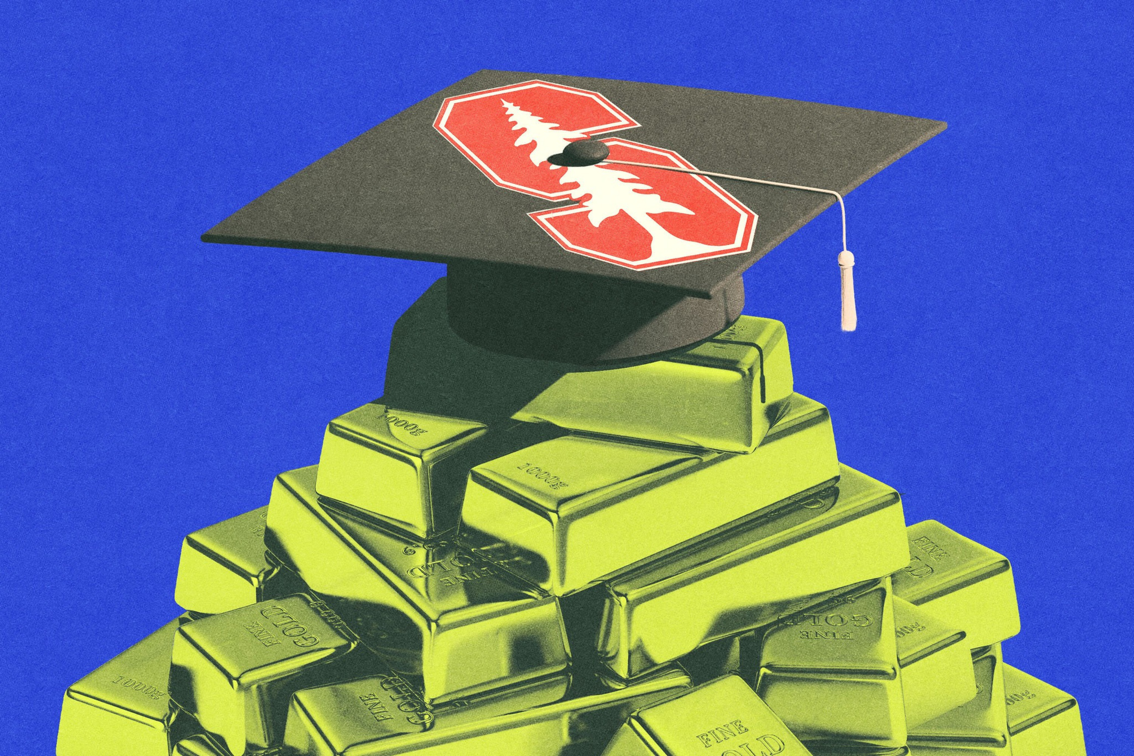 A stack of gold bars wears a black graduation cap with a red emblem featuring a white tree and two interlocking "S" shapes.
