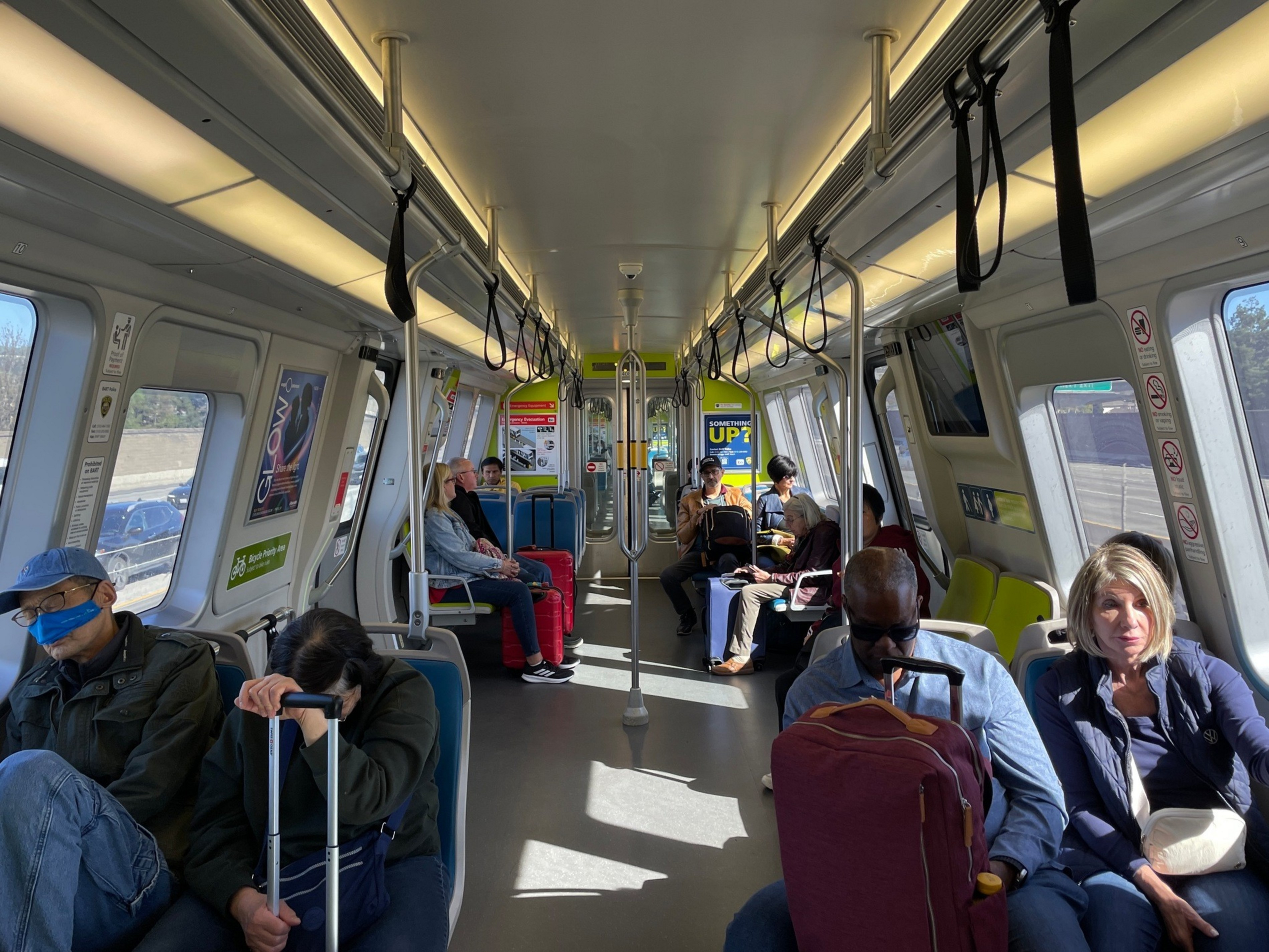 Sunlit train car: a peaceful commute.