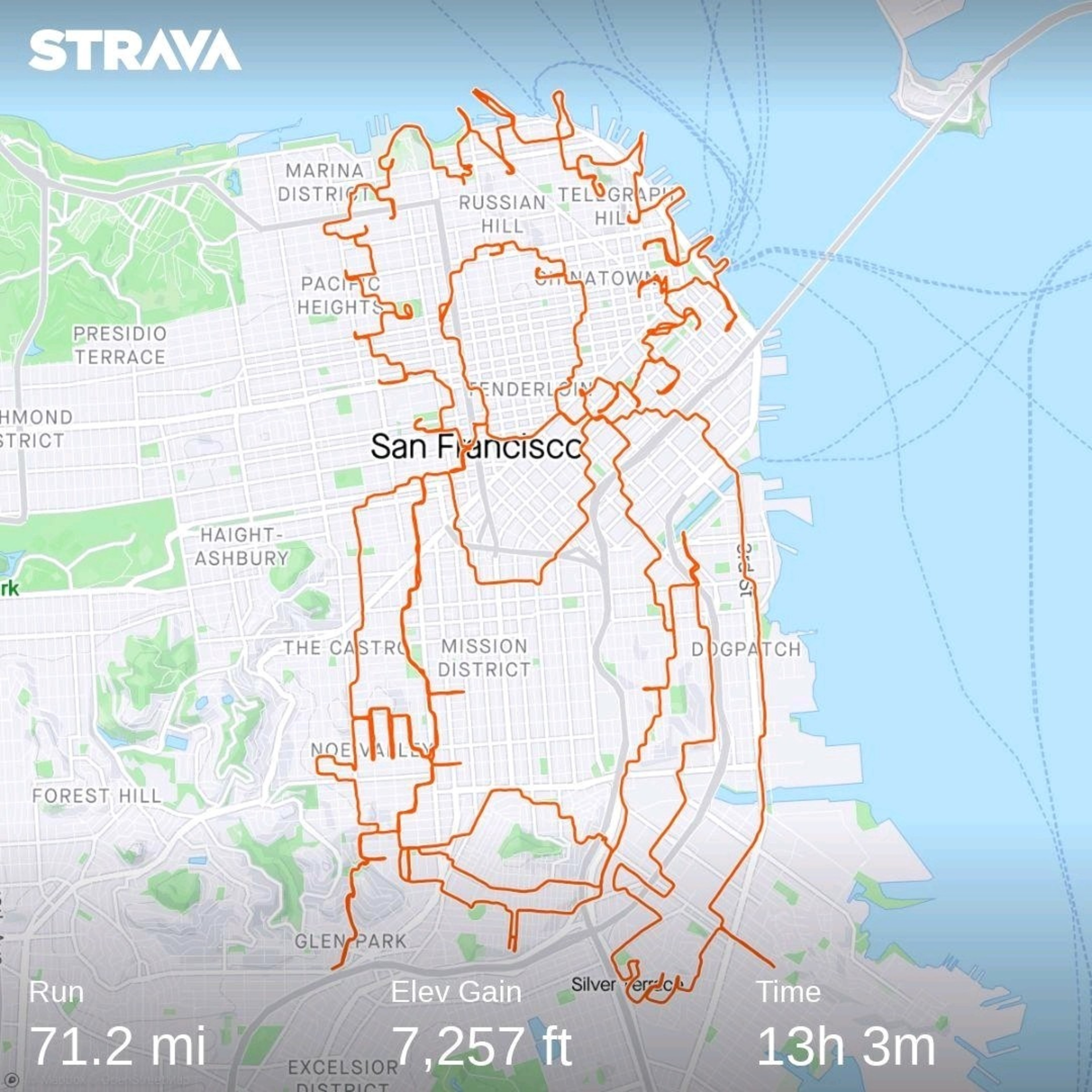 The image shows a map of San Francisco with an orange route outline resembling a person. It displays a run of 71.2 miles, 7,257 ft elevation, and 13 hours 3 minutes.