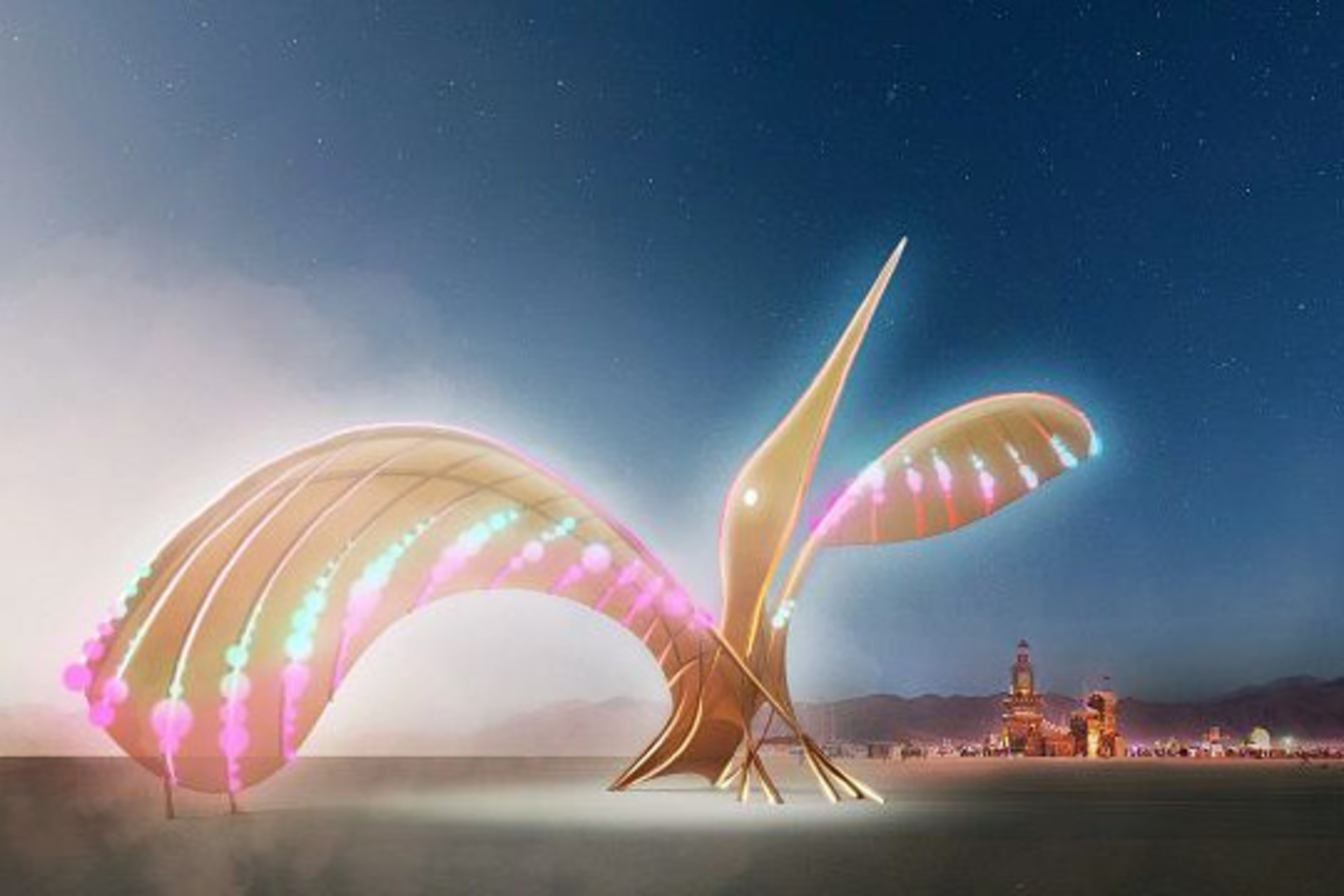 A large, glowing, bird-like sculpture with illuminated wings and tail stands on a flat desert surface under a starry night sky with distant lights.
