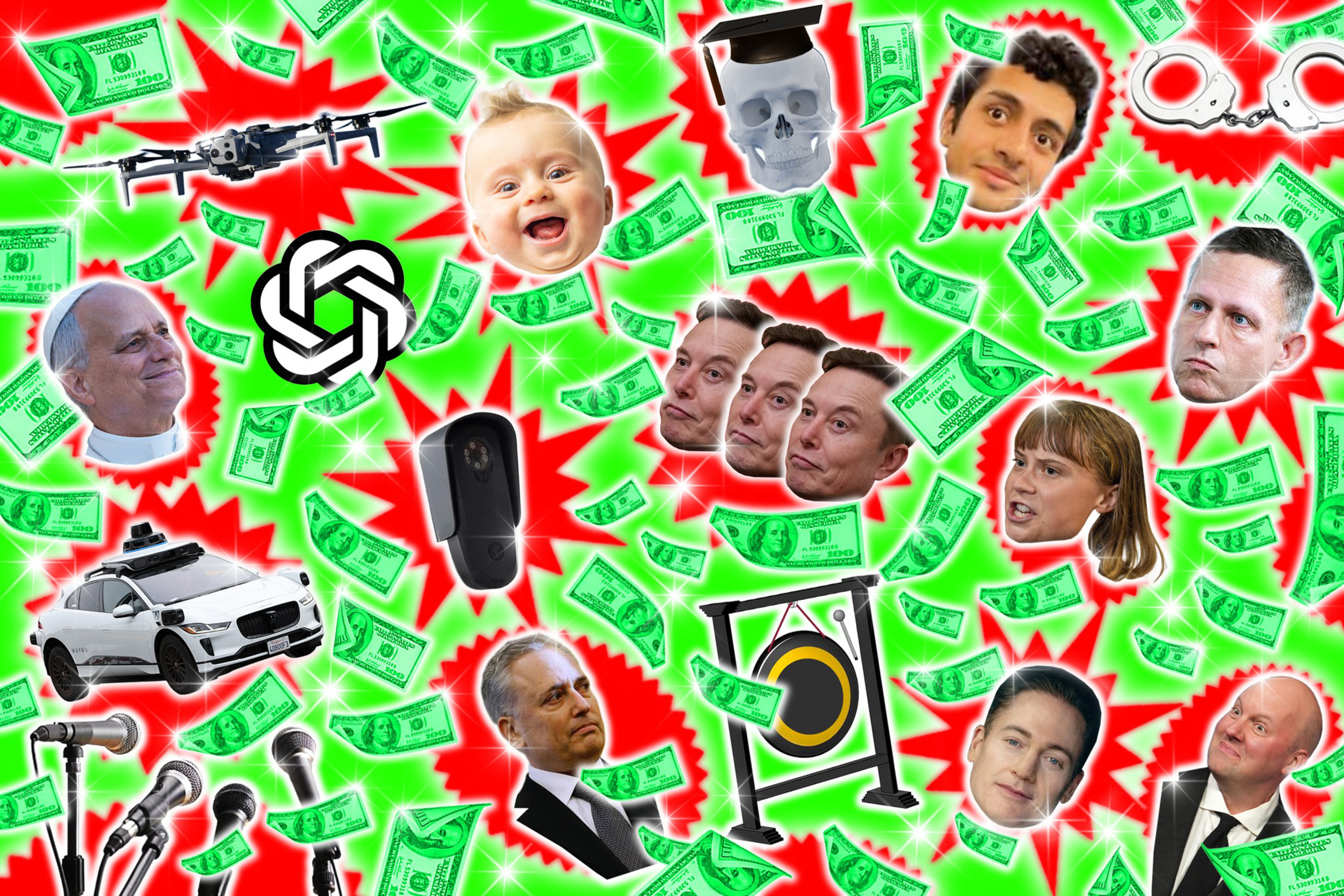 Faces of various people, a baby, a skull wearing a graduation cap, a drone, handcuffs, microphones, a car, a doorbell, a gong, the OpenAI logo, and scattered dollar bills.