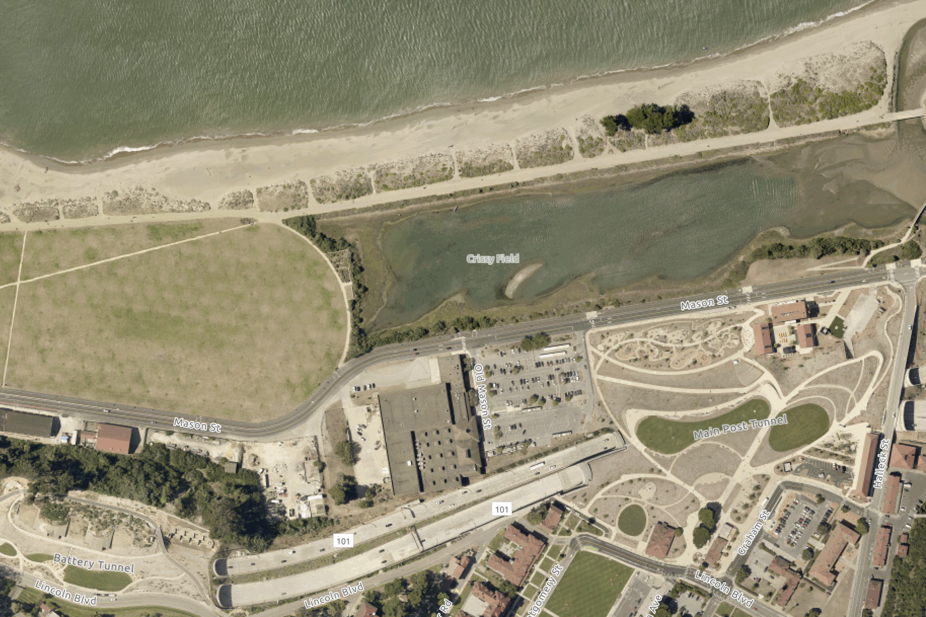 An aerial view of Crissy Field, Battery Tunnel, Highway 101 and Tunnel Tops Park in San Francisco in 2022.