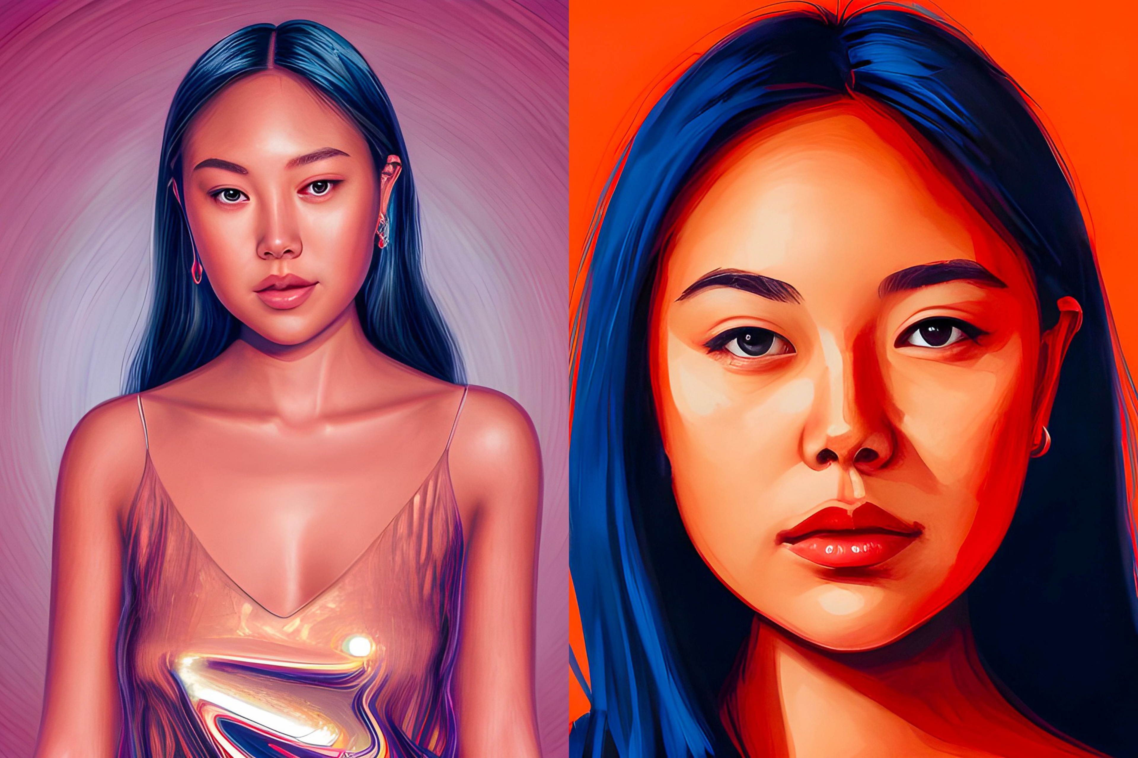 A young woman with long blue hair poses against vivid pink and orange backgrounds, wearing a shiny dress and subtle jewelry, shown in two artistic portraits.
