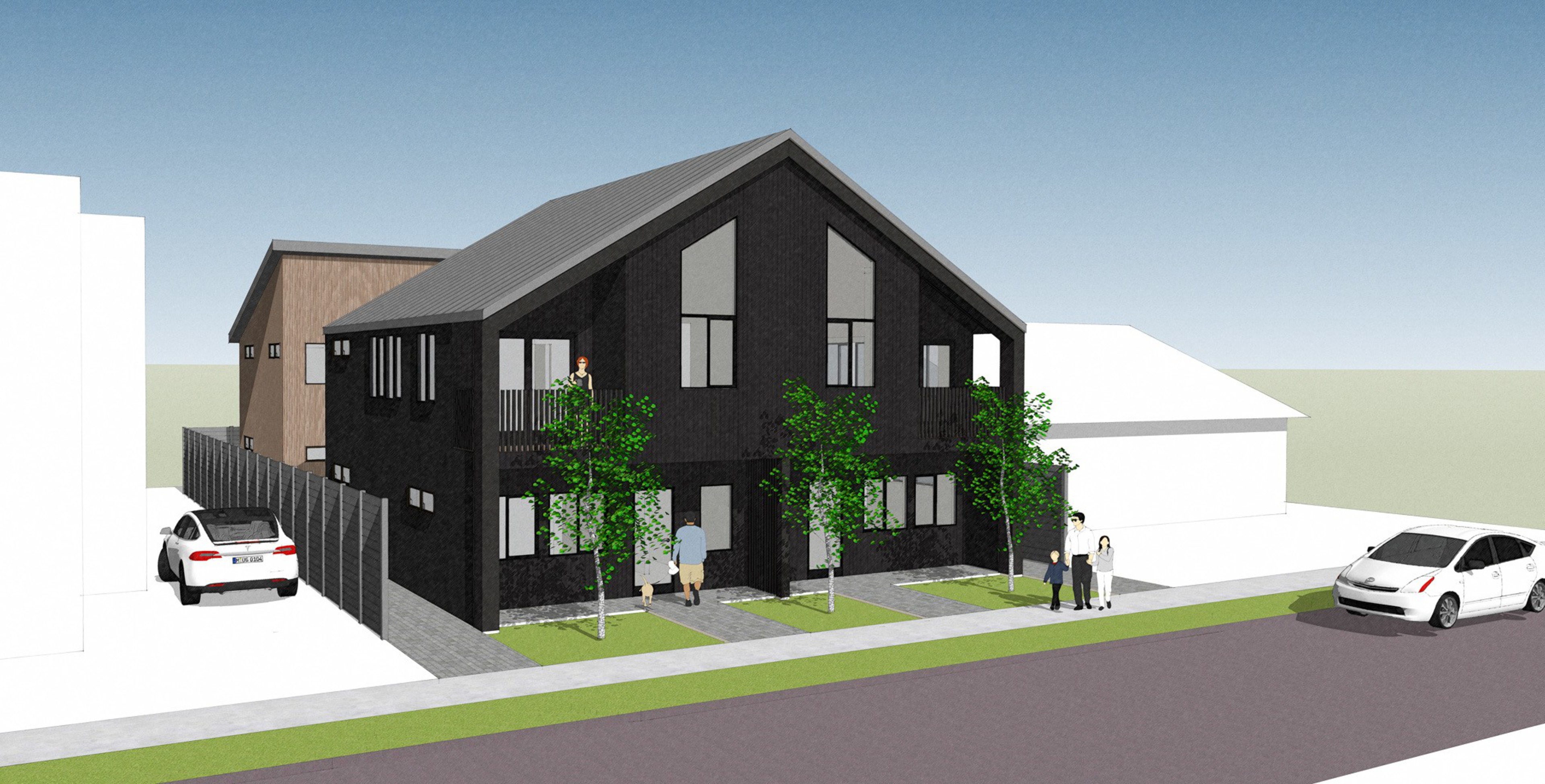 A modern two-story black house with large windows, three small trees in front, and people walking along a sidewalk next to a street with parked white cars.