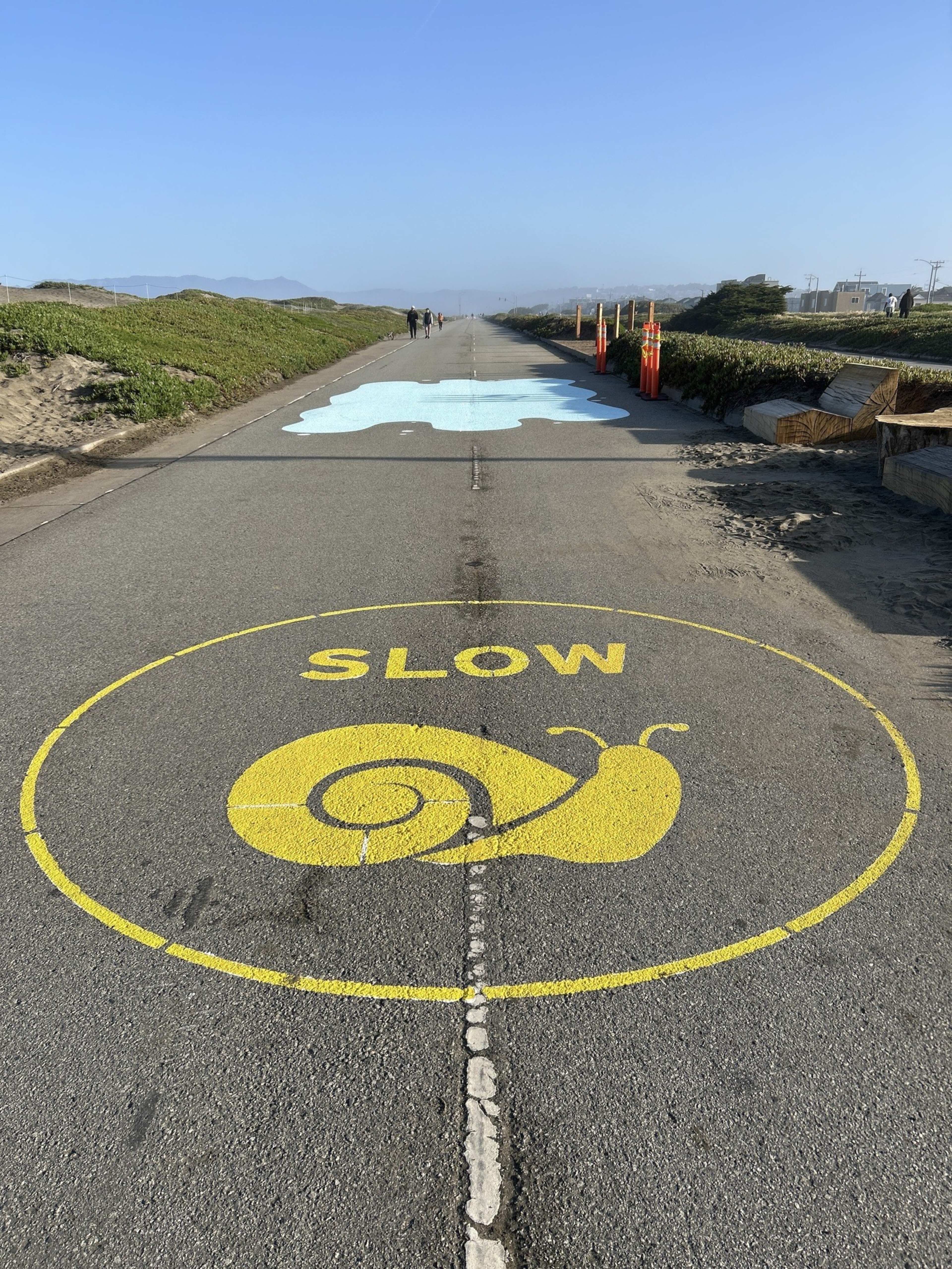 The image shows a road with a large yellow snail symbol and the word &quot;SLOW&quot; painted on it. The road stretches into the distance with scenic greenery around.