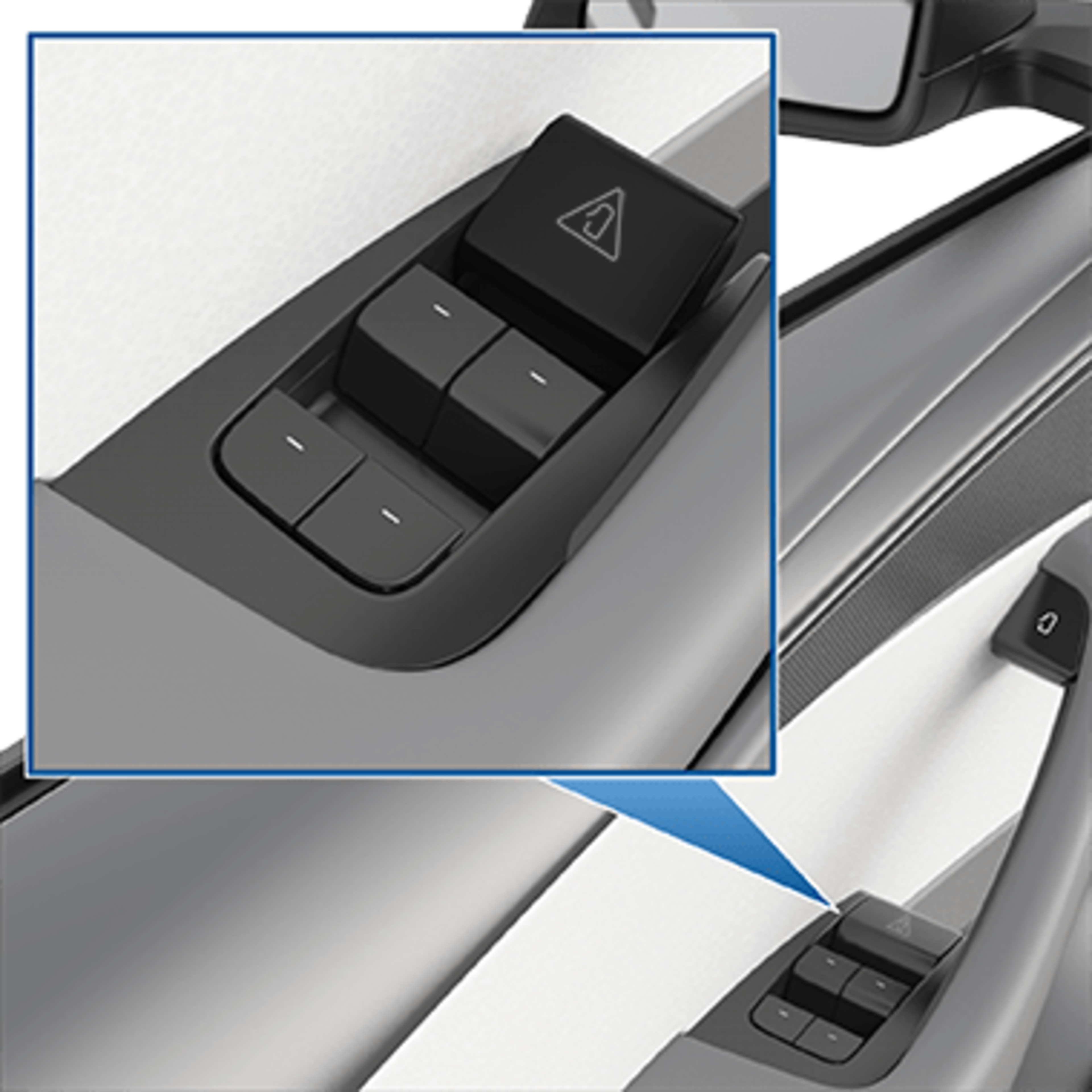 Car door panel with four window control buttons and a larger button displaying a triangle symbol for the hazard lights.