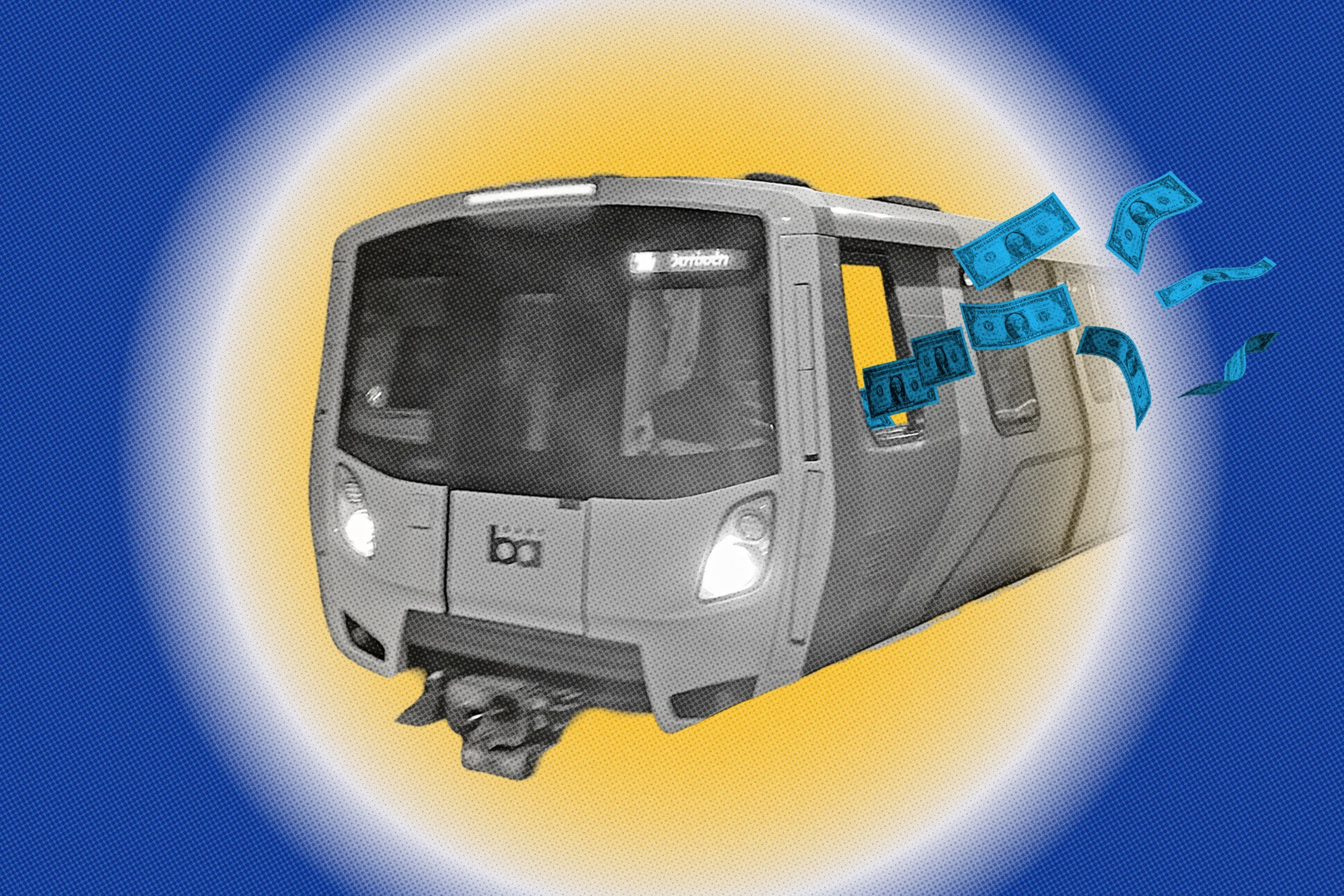 The image shows a BART train emerging with blue dollar bills flying around it, set against a yellow and blue circular gradient background.