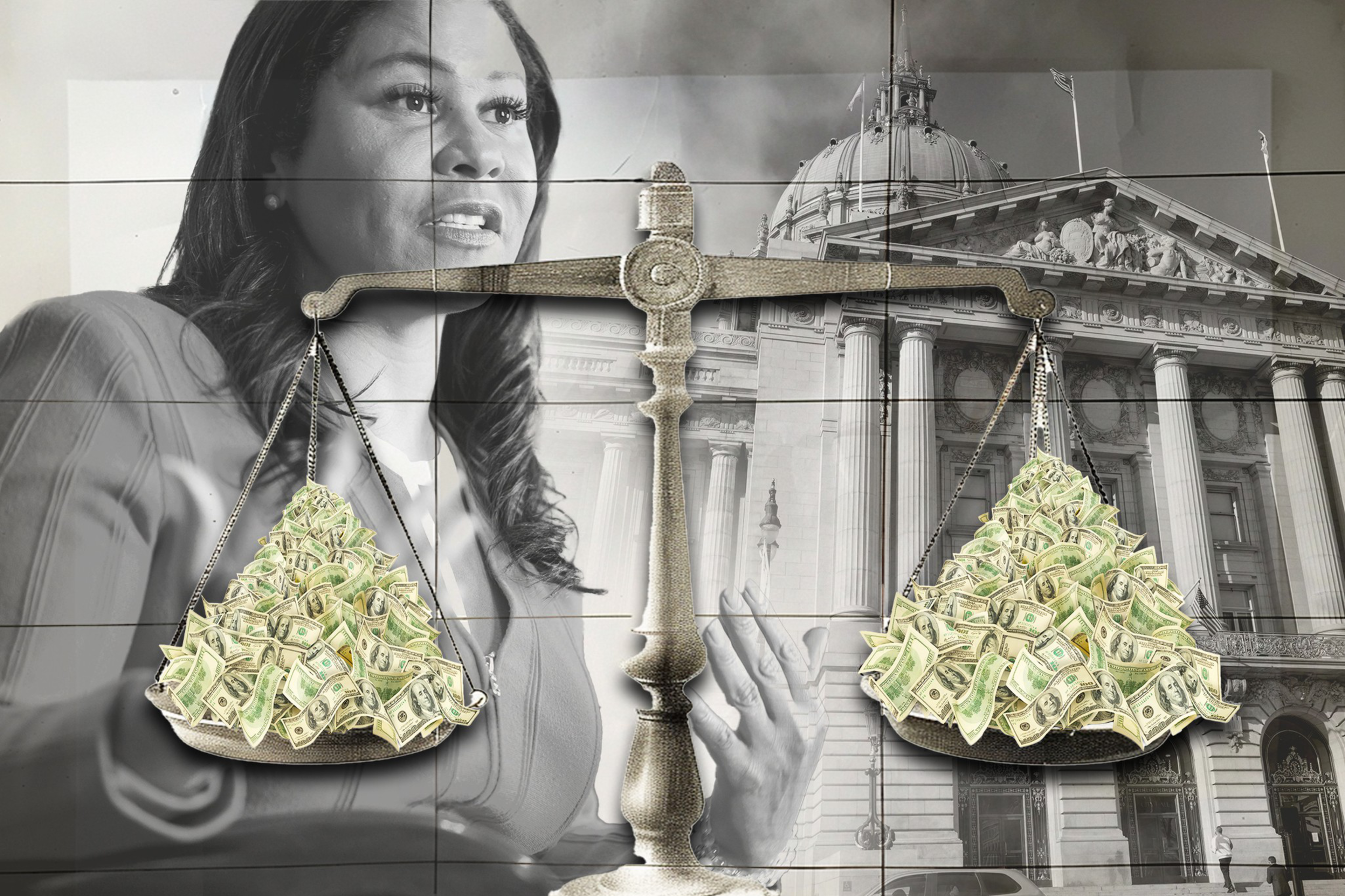 An illustration shows a woman next to city hall with a scale balancing money.