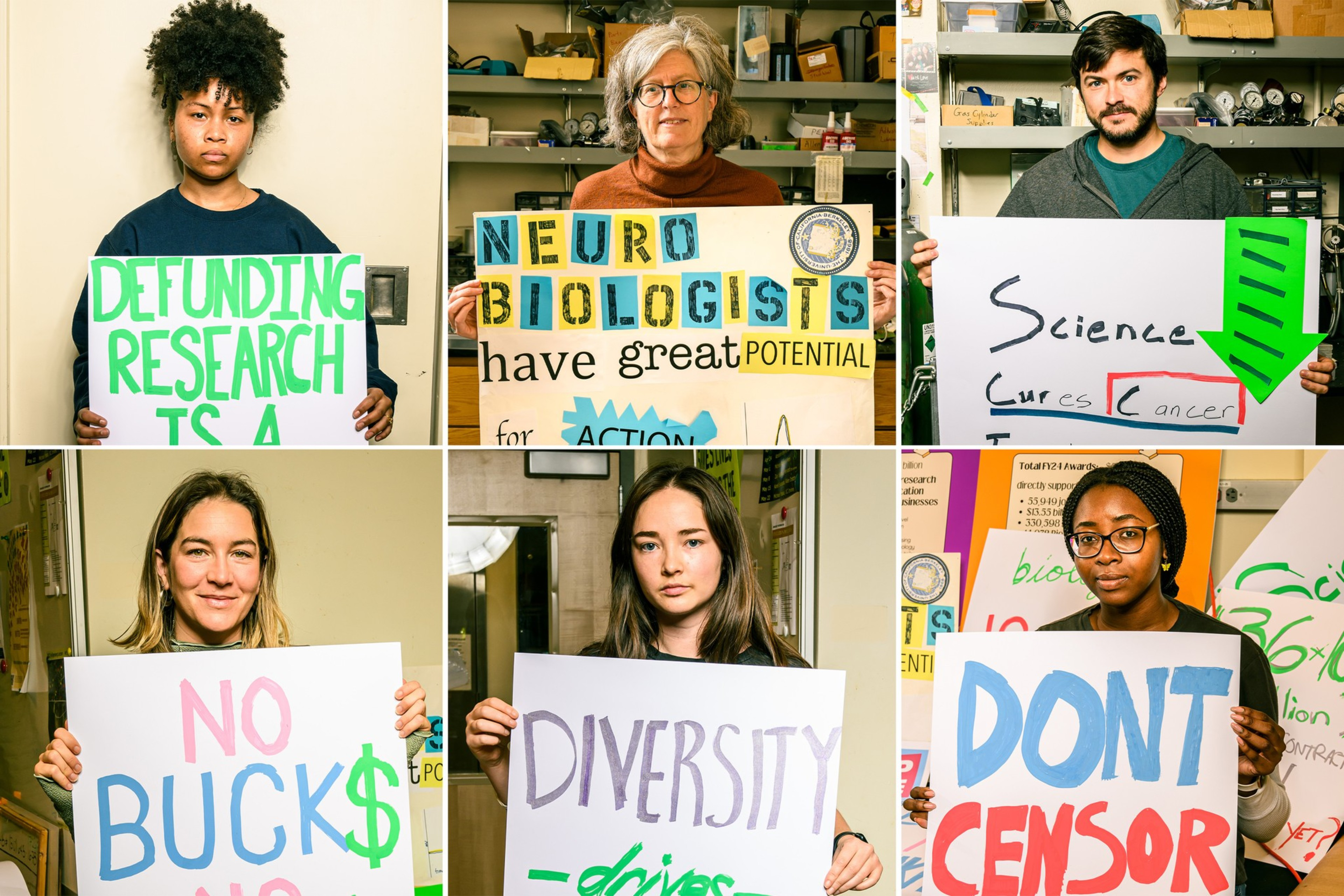 Six individuals are each holding signs with messages advocating for science and research funding, such as "Defunding Research" and "Science Cures Cancer."
