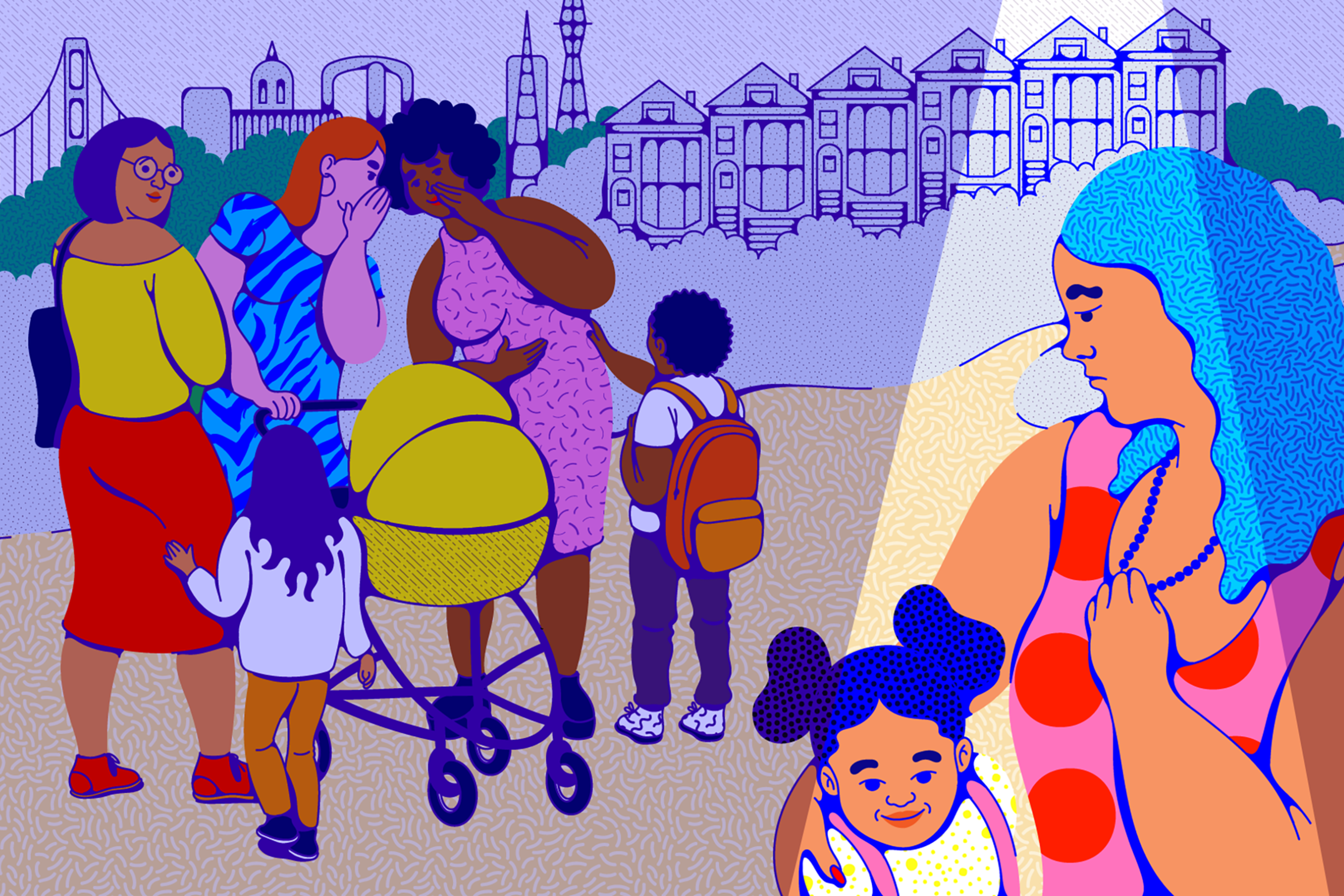 An illustration of a woman feeling left out by other women.