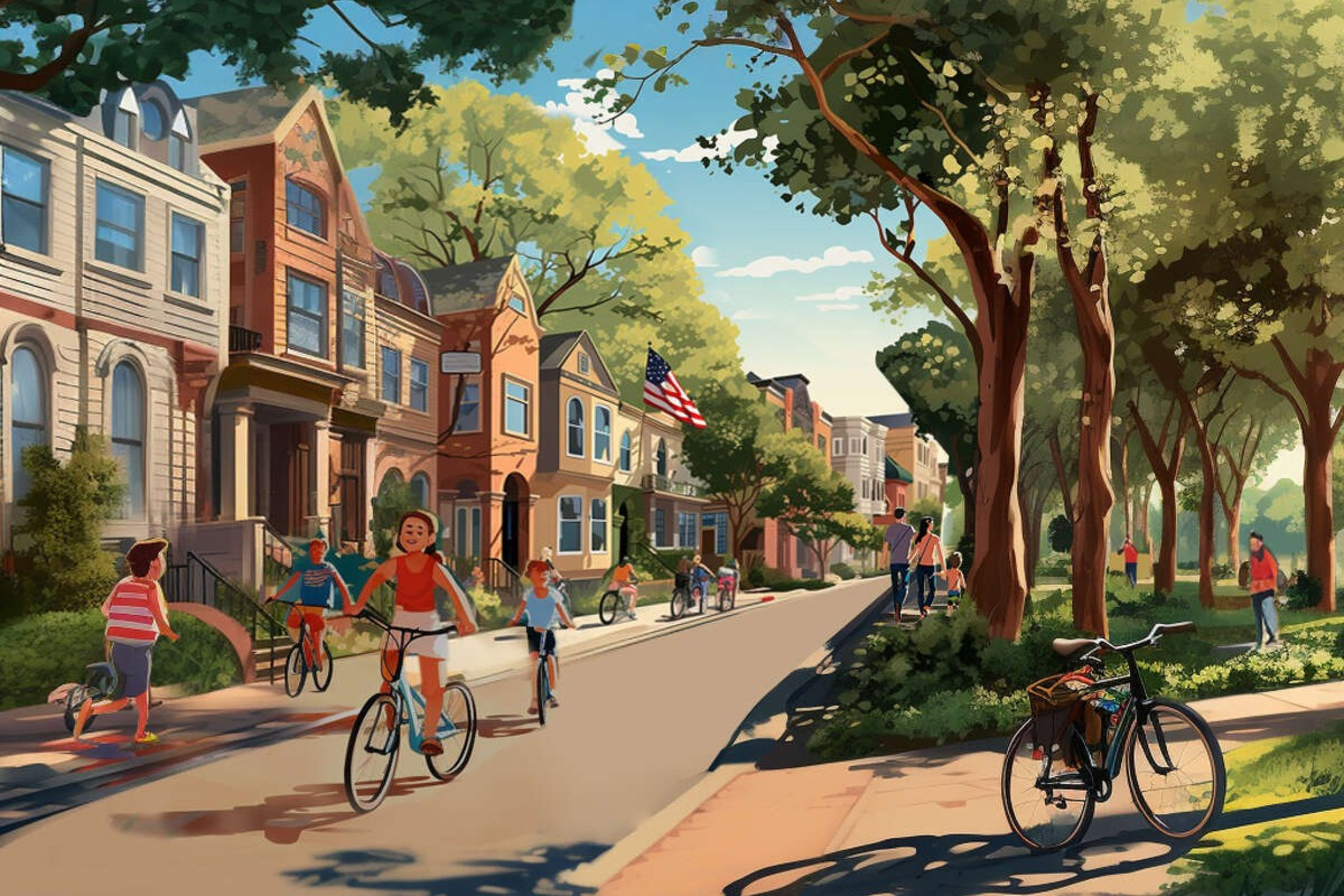 An illustration of people walking through a plaza area in a Solano County city proposed by the group California Forever. Several Bay Area tech billionaires are behind the company and has spent $800 million in recent years to acquire a wide swath of land in