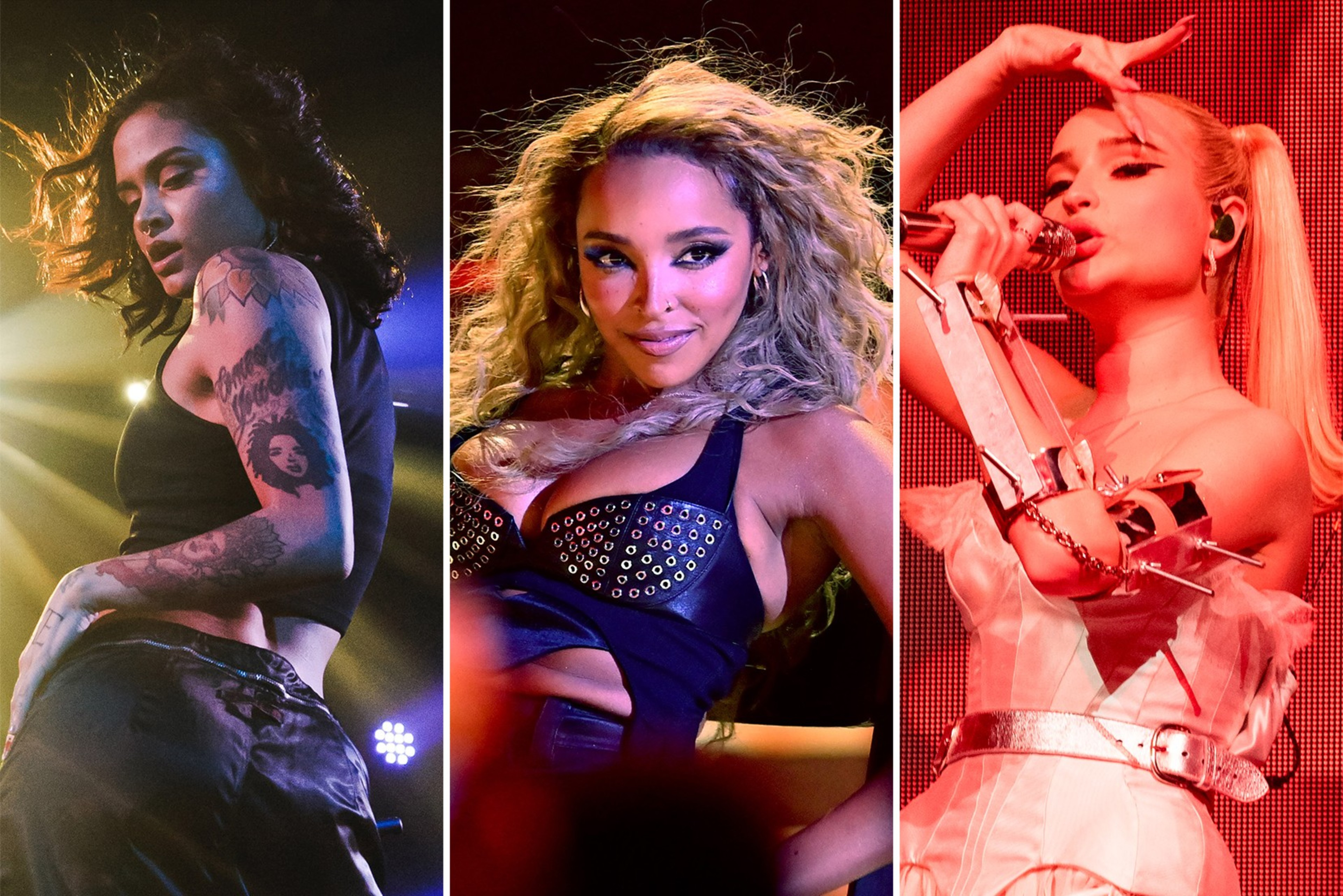 The image shows three performers on stage. The left and center are women in dark outfits with tattoos and bold hairstyles, while the right features a woman singing in a light, metallic outfit.