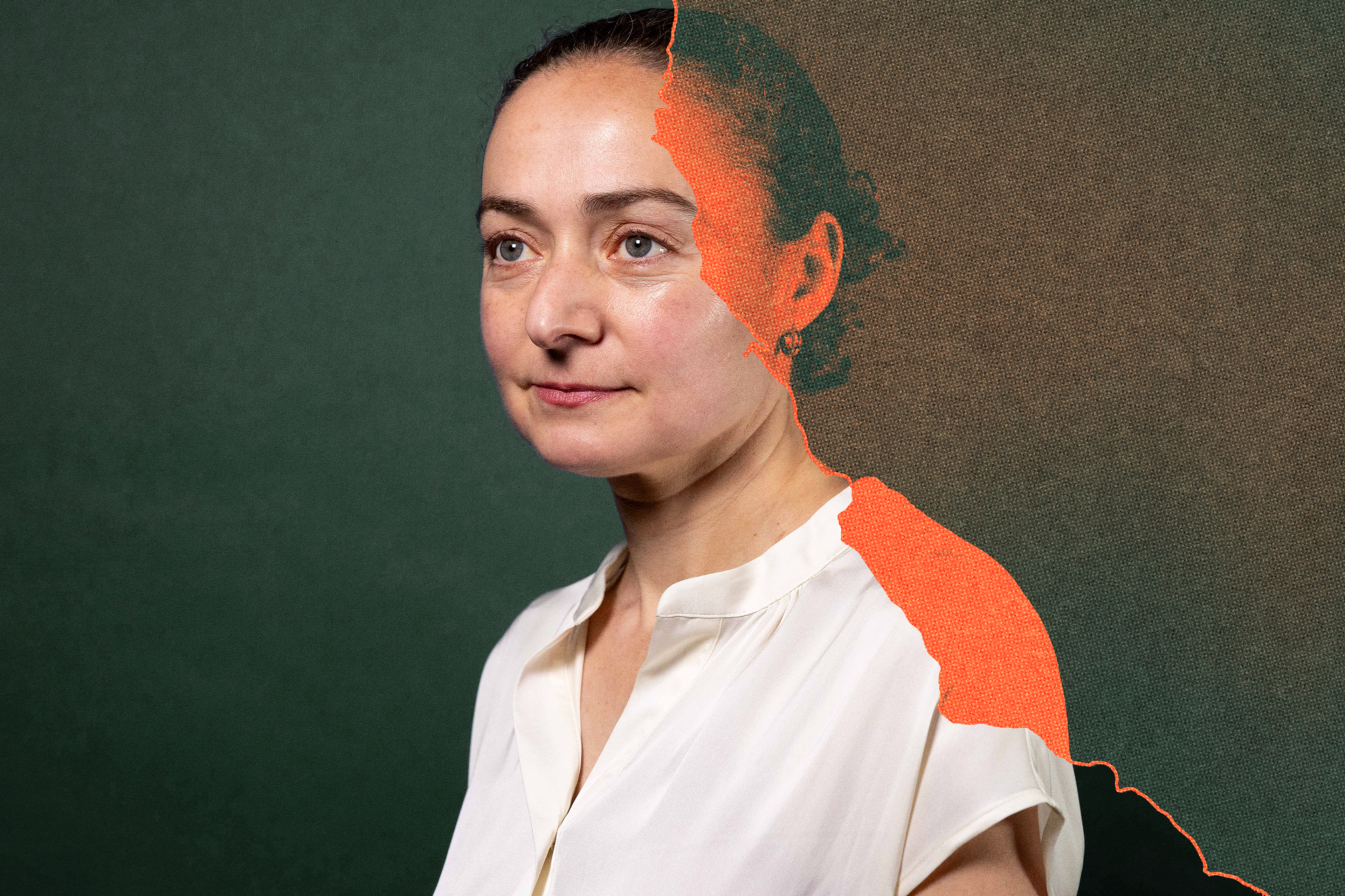 A woman with light skin and dark hair wears a white blouse against a dark green background, with half of her silhouette filled by an orange textured overlay.
