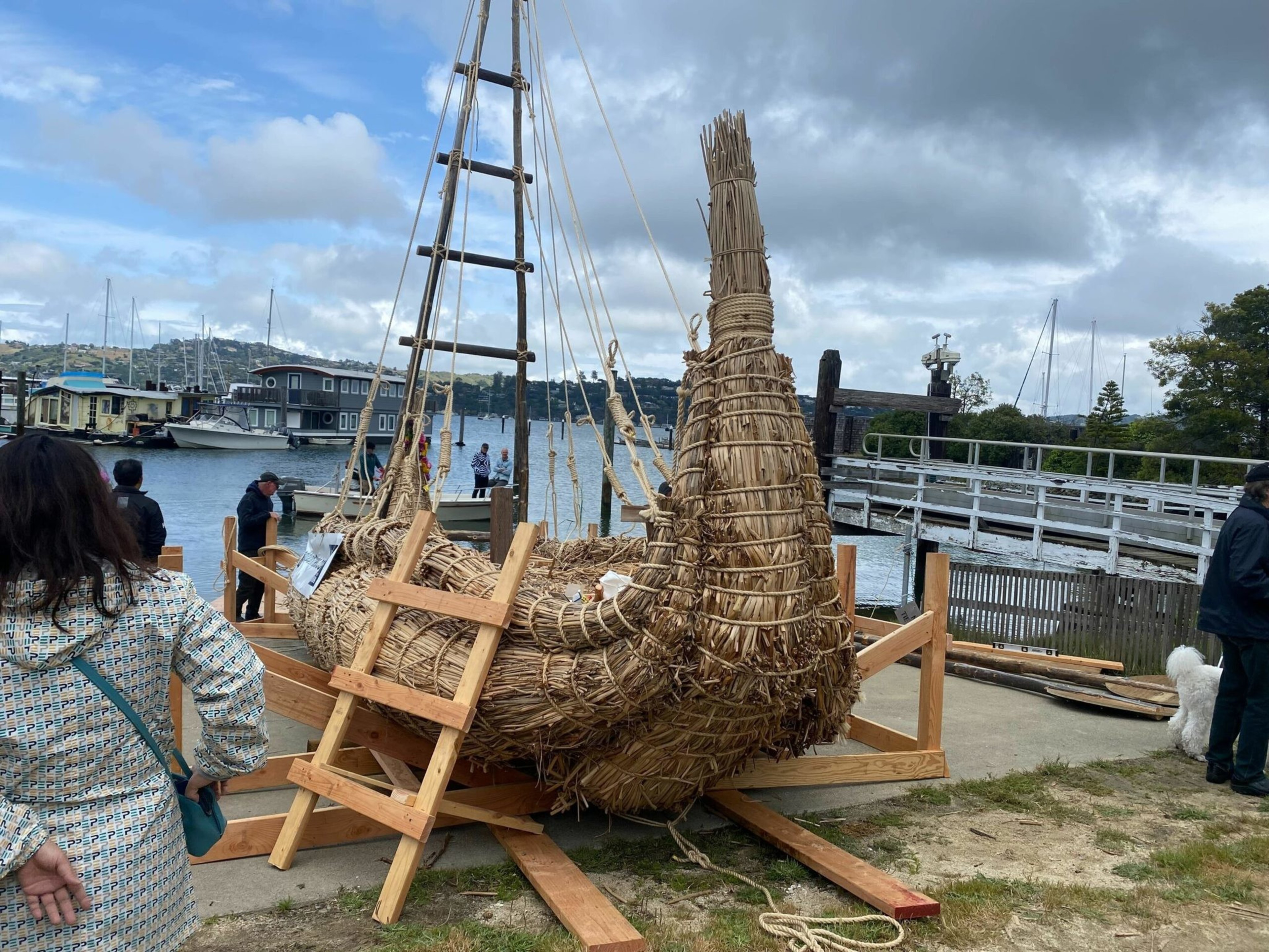 A woven reed boat resembling a Viking ship is supported by wooden frames near a waterfront, with people and boats in the background under a partly cloudy sky.