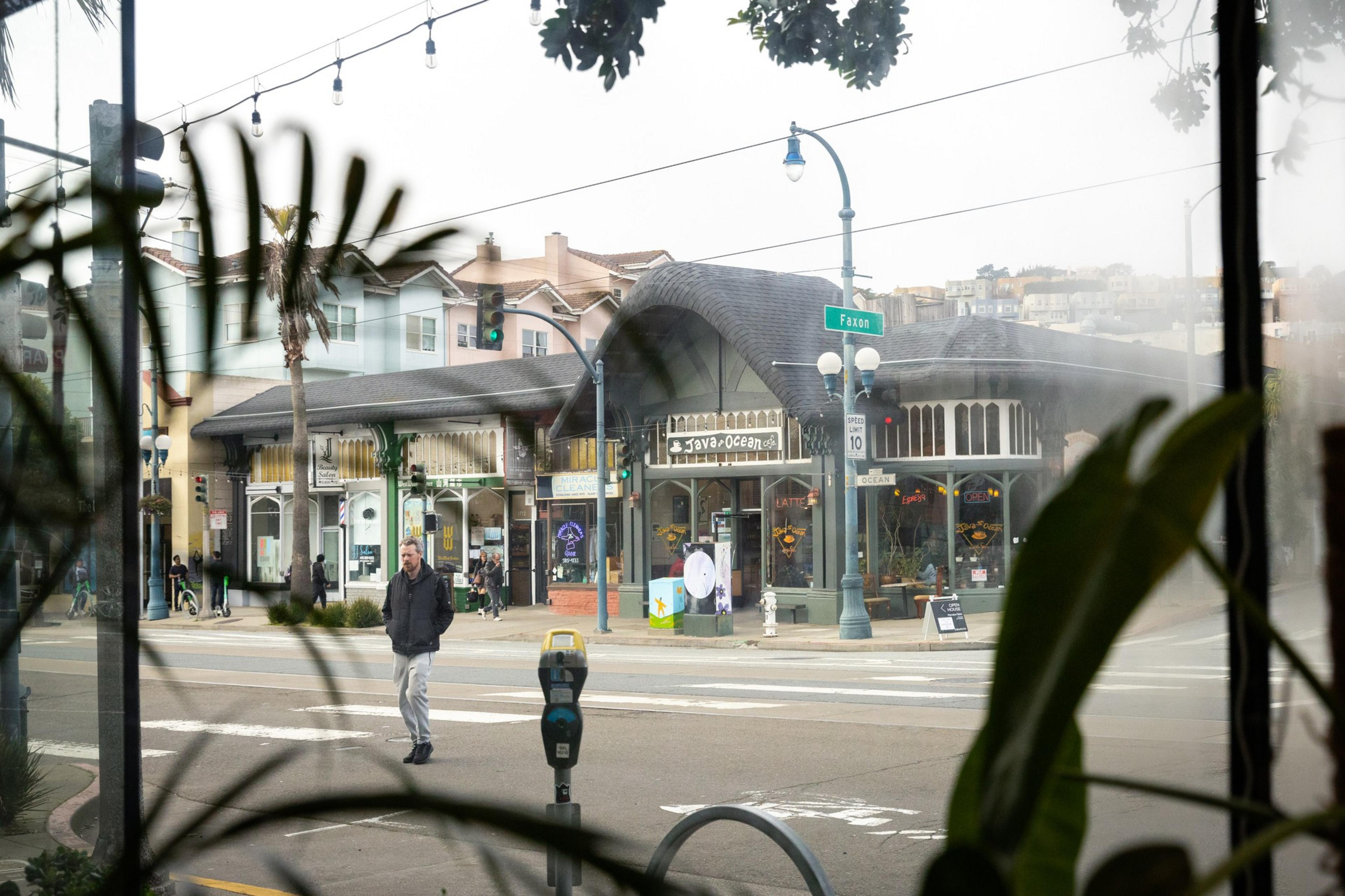 Urban street corner with a man walking, shops, traffic lights, and a palm tree, viewed through a window with plant silhouettes.