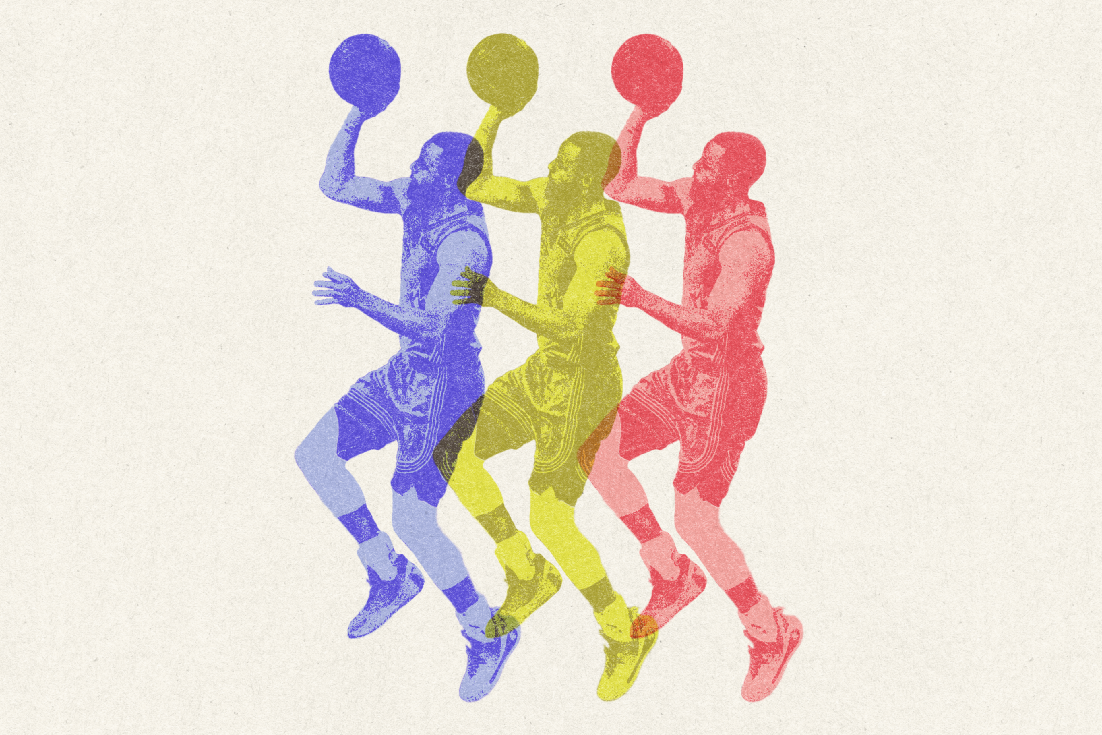 The image shows a stylized triple exposure of a basketball player in motion, capturing a layup. The images are colored blue, yellow, and red.