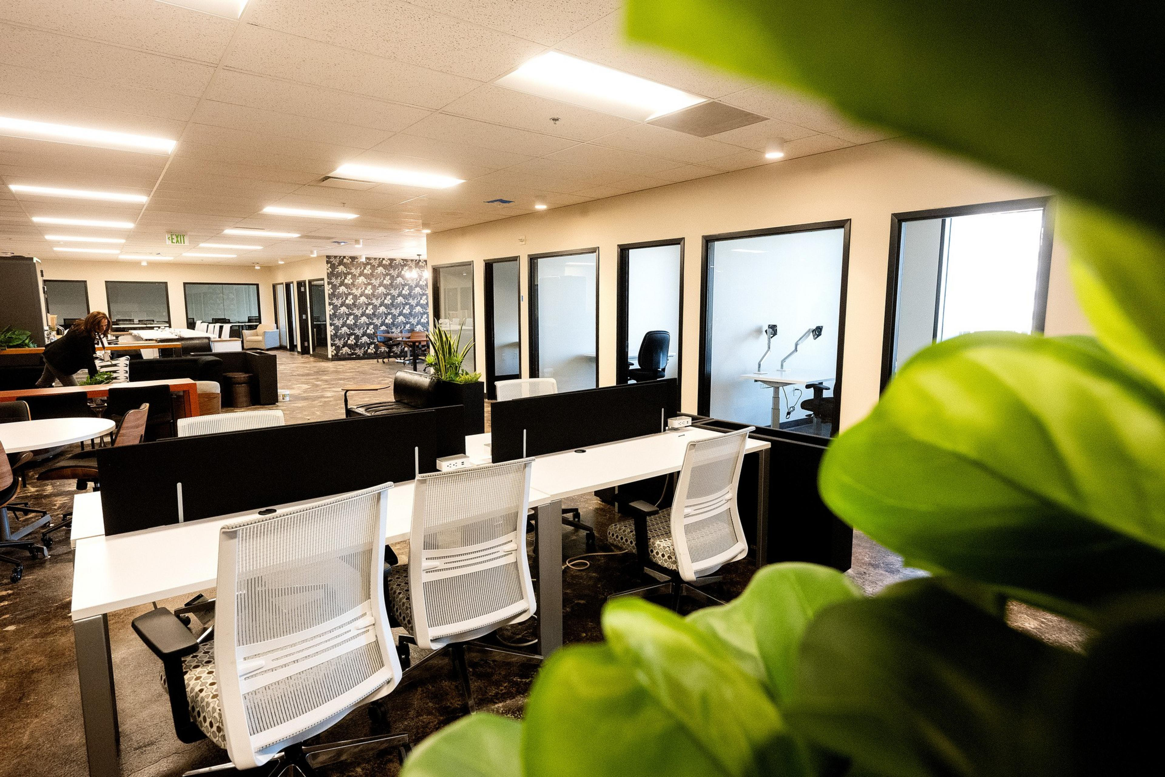 The image shows a modern, open-plan office with white desks, mesh chairs, potted plants, and glass-walled private rooms. Bright lighting illuminates the space.