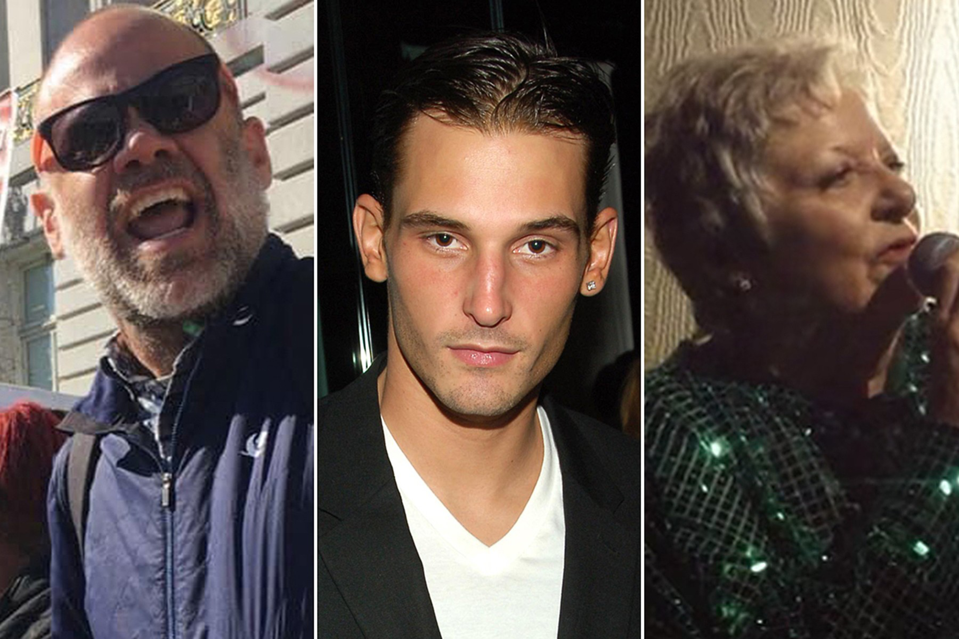 A man with sunglasses and a beard laughs outdoors, a young man with slicked-back hair poses indoors, and an elderly woman sings into a microphone wearing a sequined top.