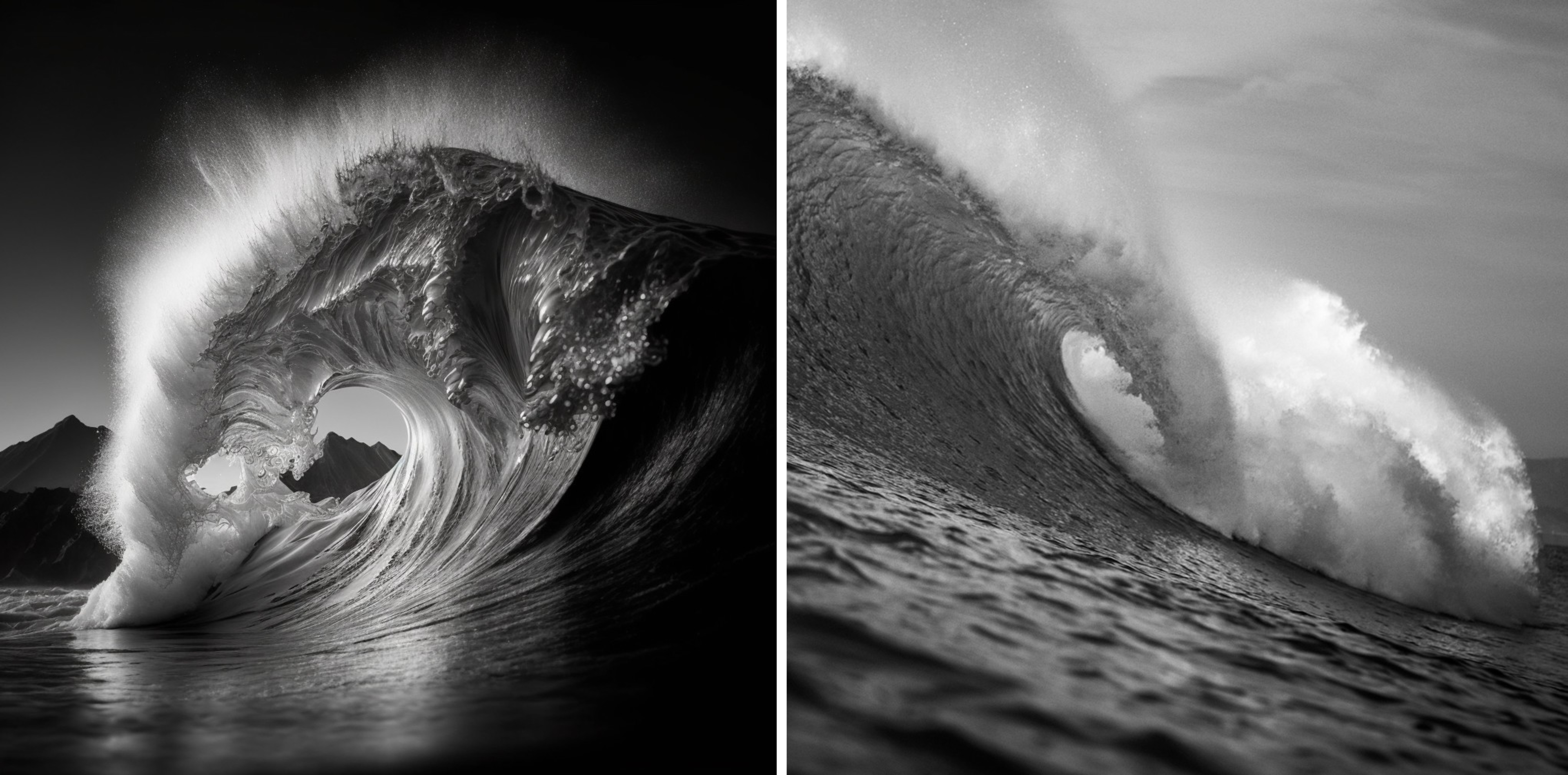 Two black and white photos capture powerful ocean waves curling and crashing, with spray and texture highlighted against contrasting skies.