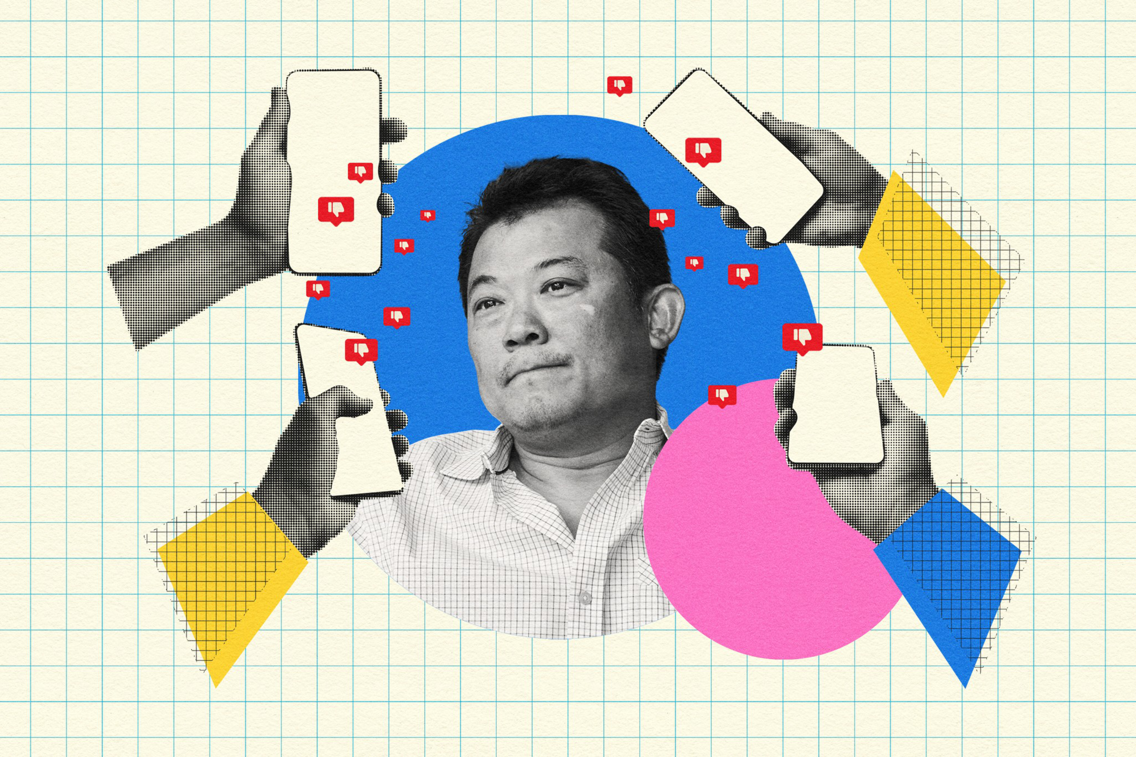 A man with a neutral expression is surrounded by hands holding phones showing thumbs-down icons, set against a blue and pink geometric background.