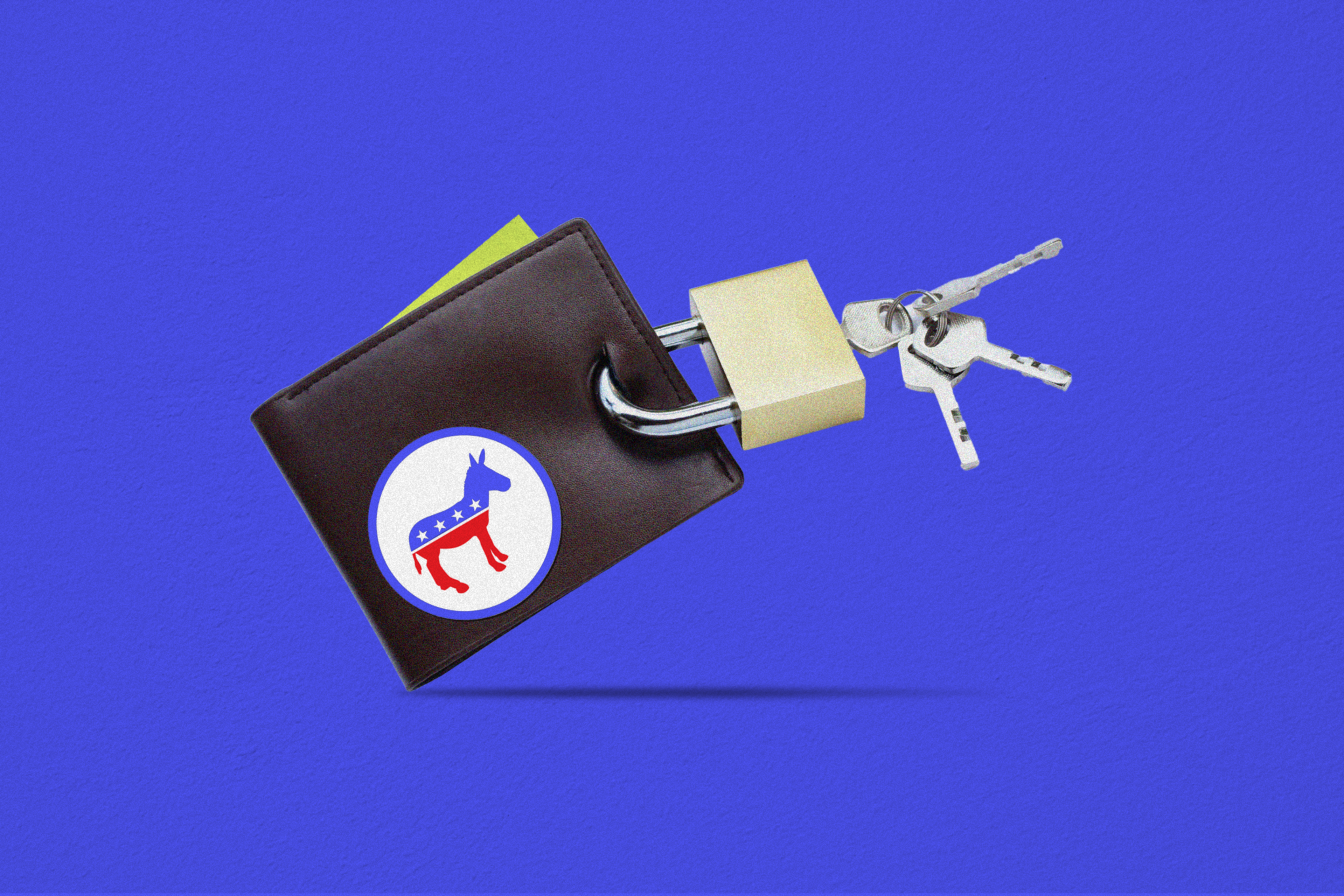 A brown wallet with a Democratic Party donkey sticker is locked with a padlock, to which three keys are attached, set against a blue background.