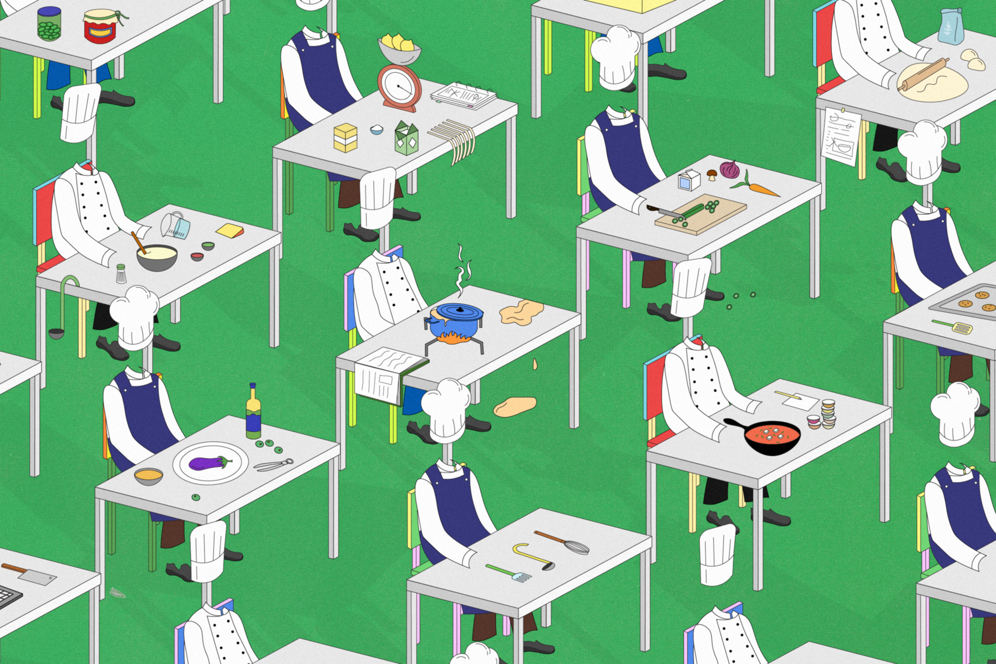 An illustration of chefs sitting at desks