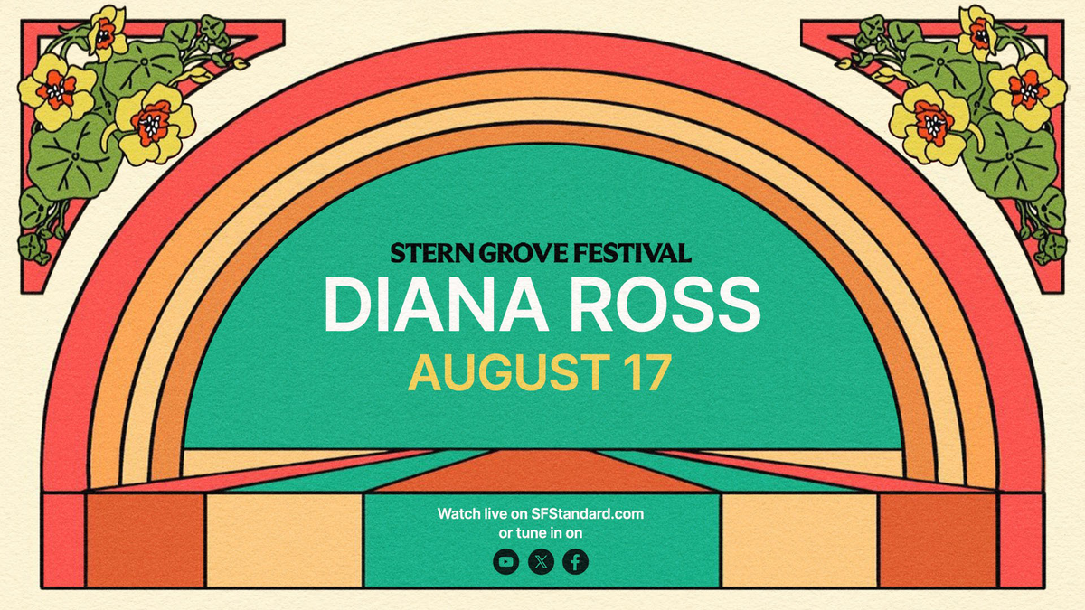 Stern Grove Festival announces Diana Ross performing on August 17, with a retro rainbow design and floral decorations in the corners.