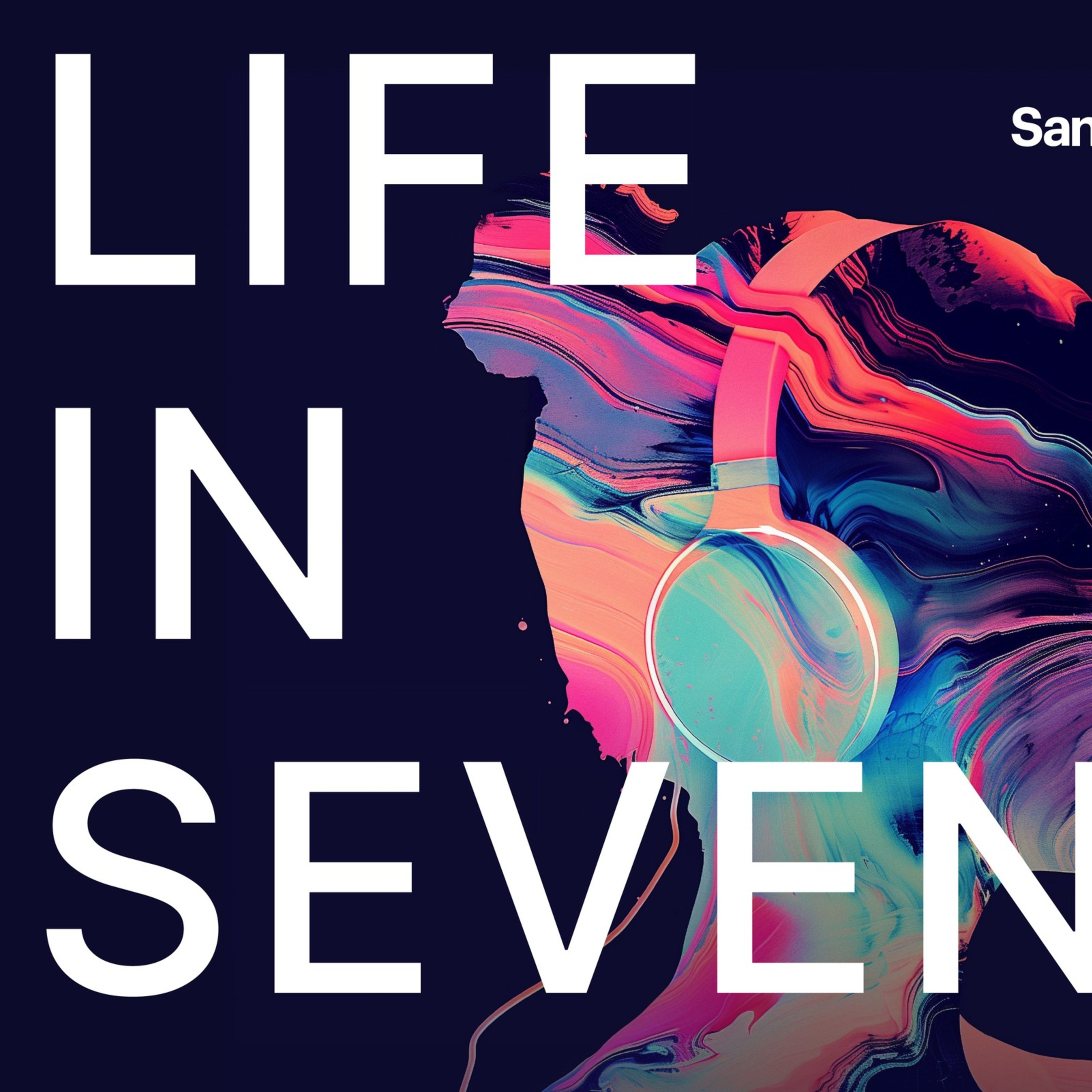 The podcast art for the show "Life in Seven Songs" depicts the silhouette of a woman wearing headphones with a pink, purple and yellow color palette.