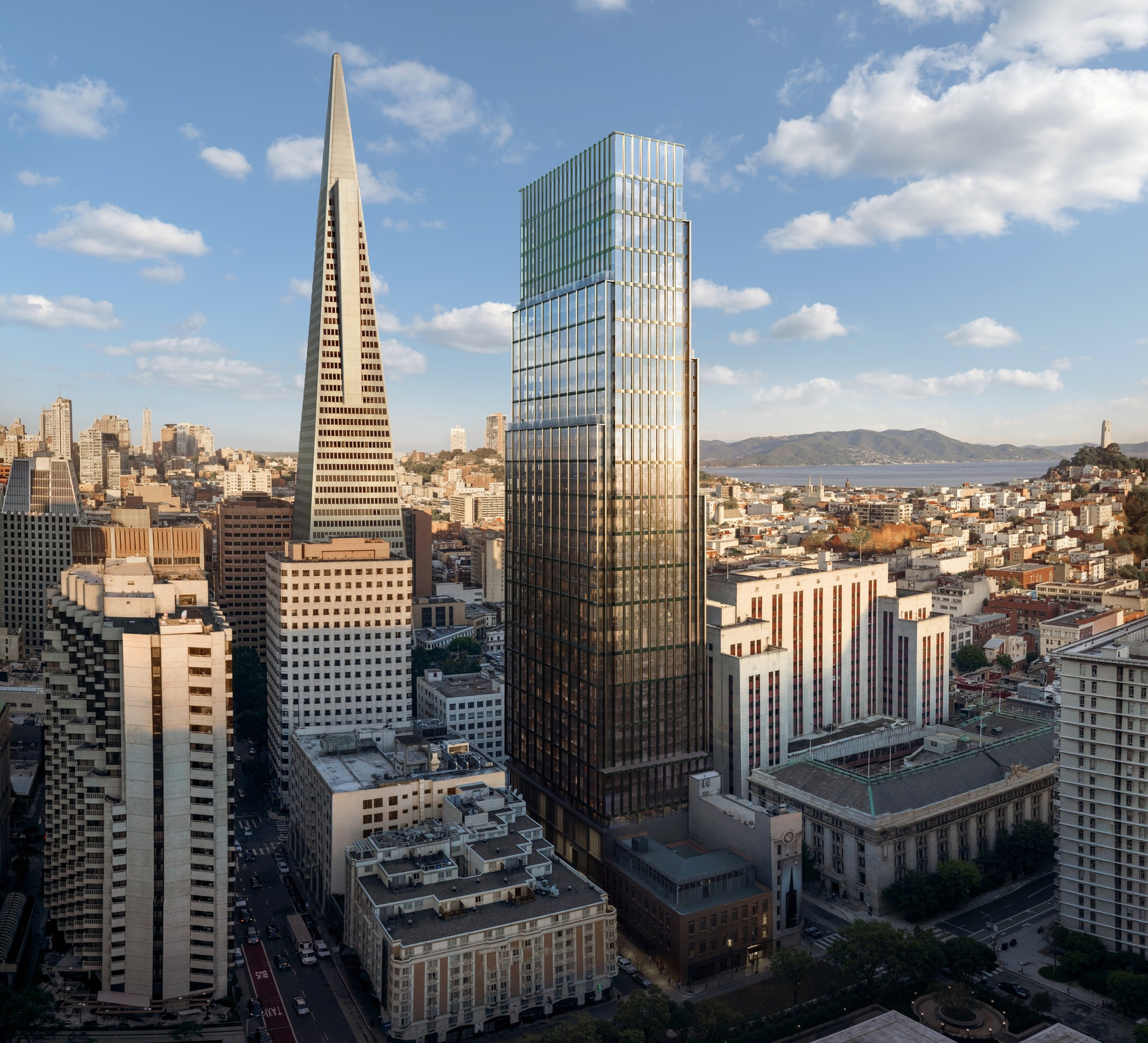 A sharp-tipped, pyramid-shaped skyscraper stands among other tall ...