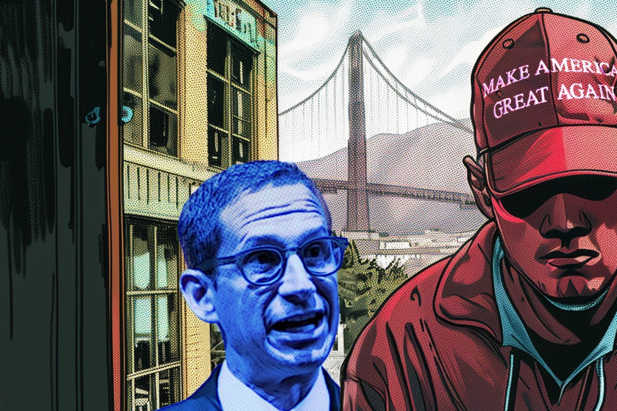 The image shows a person in a red "Make America Great Again" hat casting a ballot into a box labeled "Democrat." Three people, colored in blue, stand in the background.