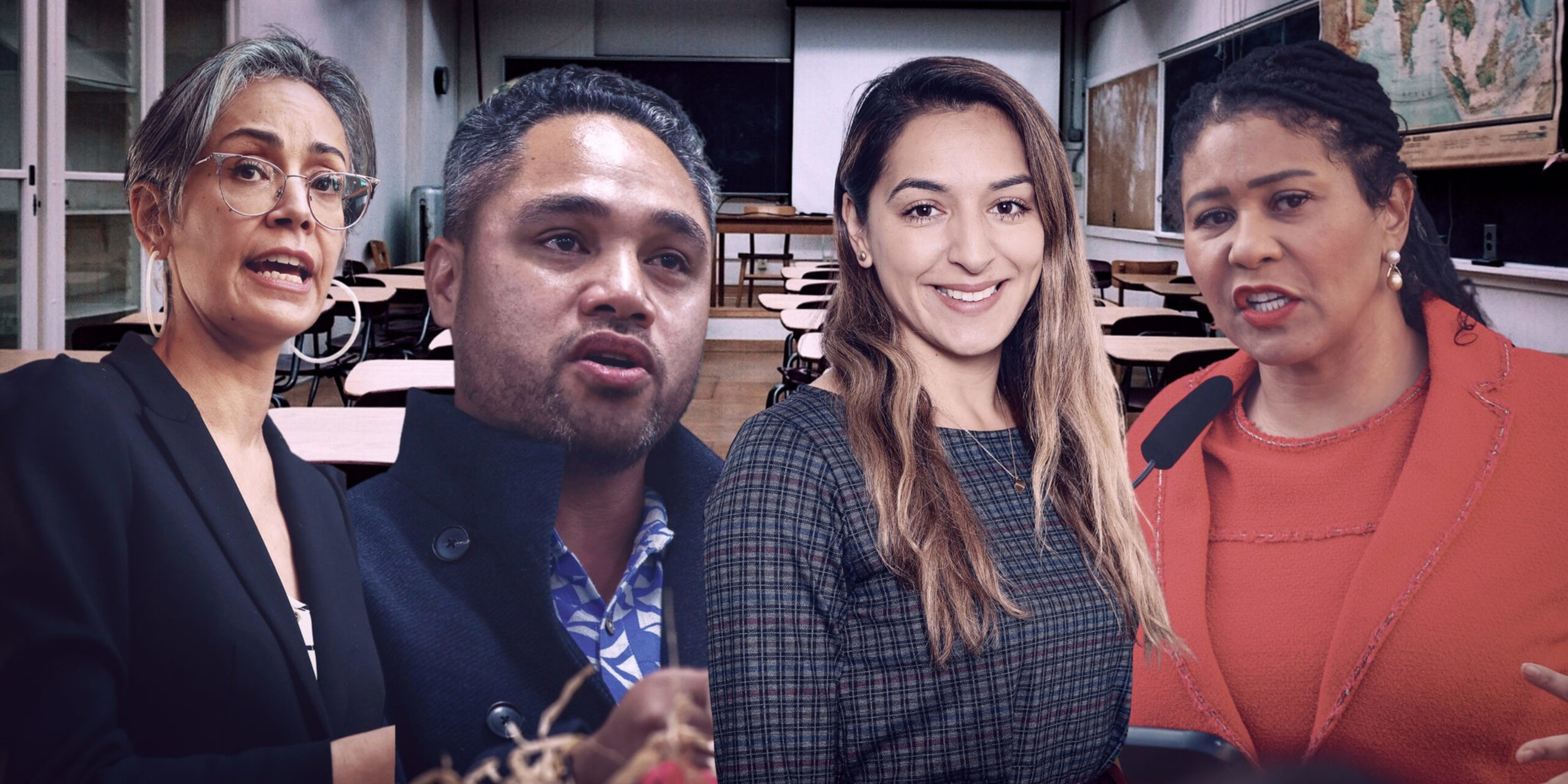 Four diverse adults, three speaking and one smiling, are superimposed over an empty classroom with desks, chairs, maps, and a large screen.