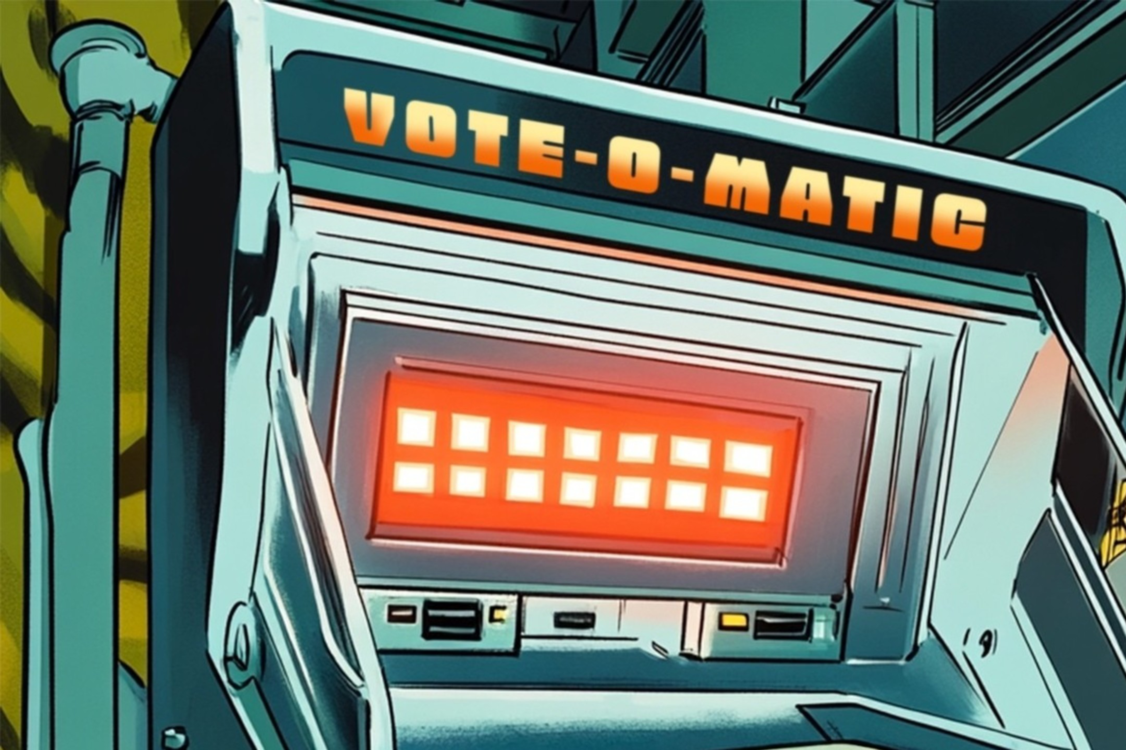 The image shows a retro-style voting machine labeled "Vote-O-Matic" with a ballot inside. A calendar for November 2024, featuring a bridge, is on the wall.
