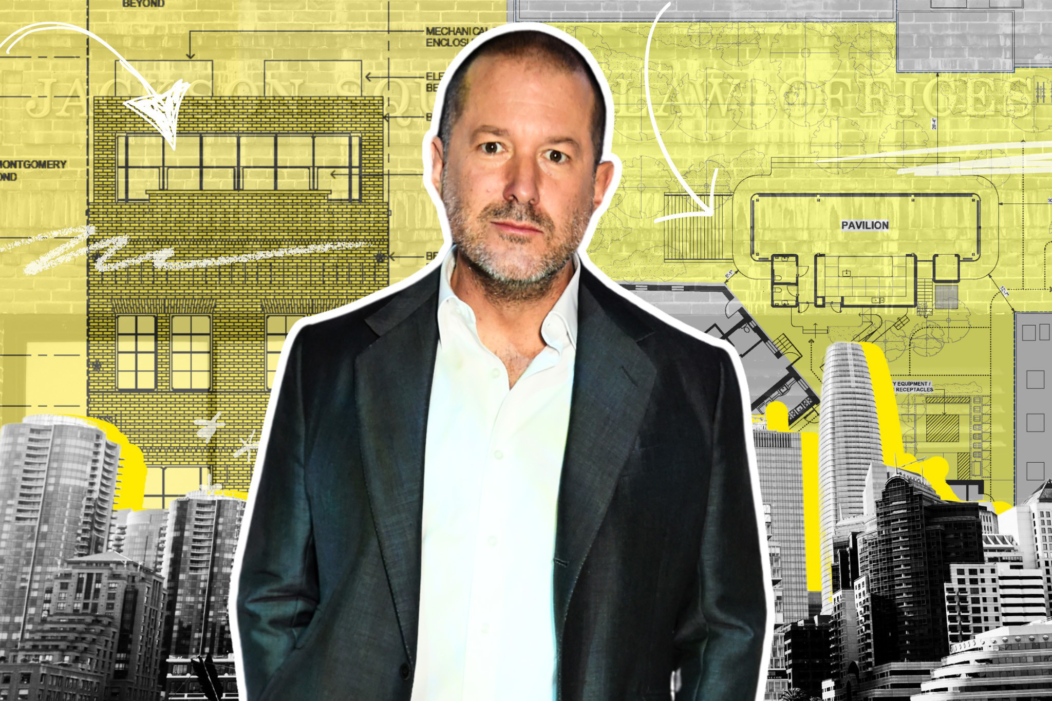 A man in a suit stands before a stylized, collage-like backdrop with architectural plans and city buildings.