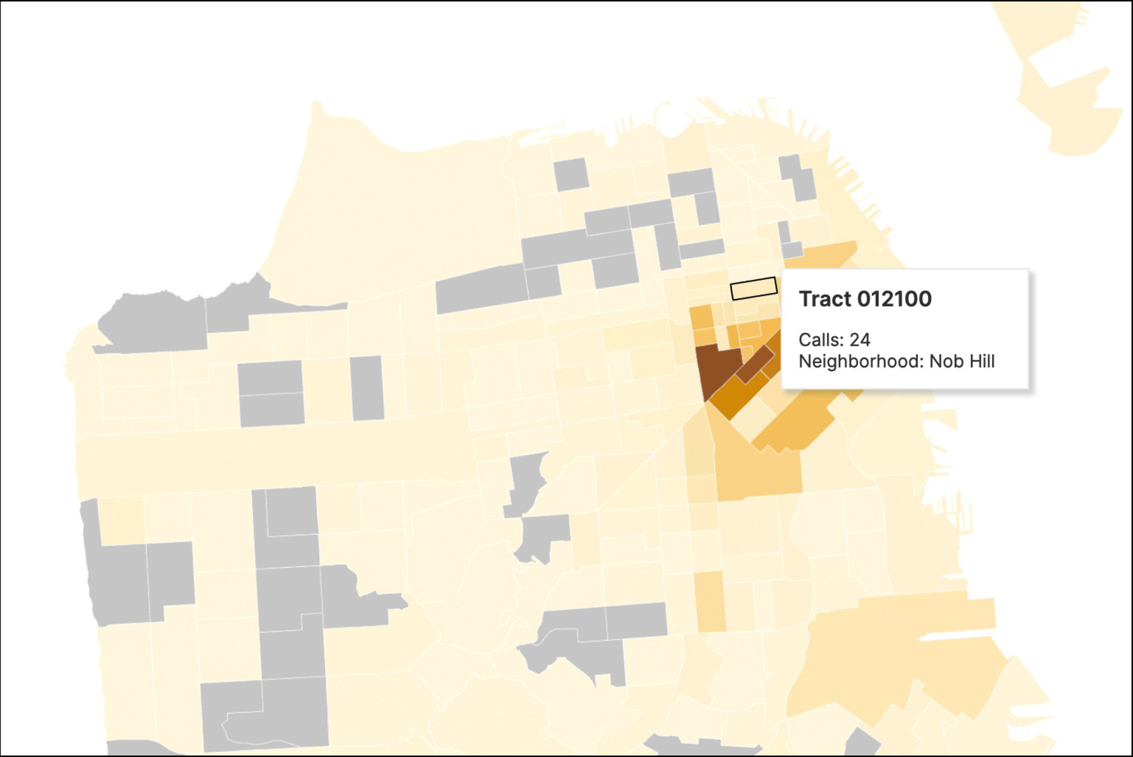 A map highlights neighborhood Nob Hill with a tract showing 24 calls, surrounded by areas in yellow and dark brown, and some in gray.