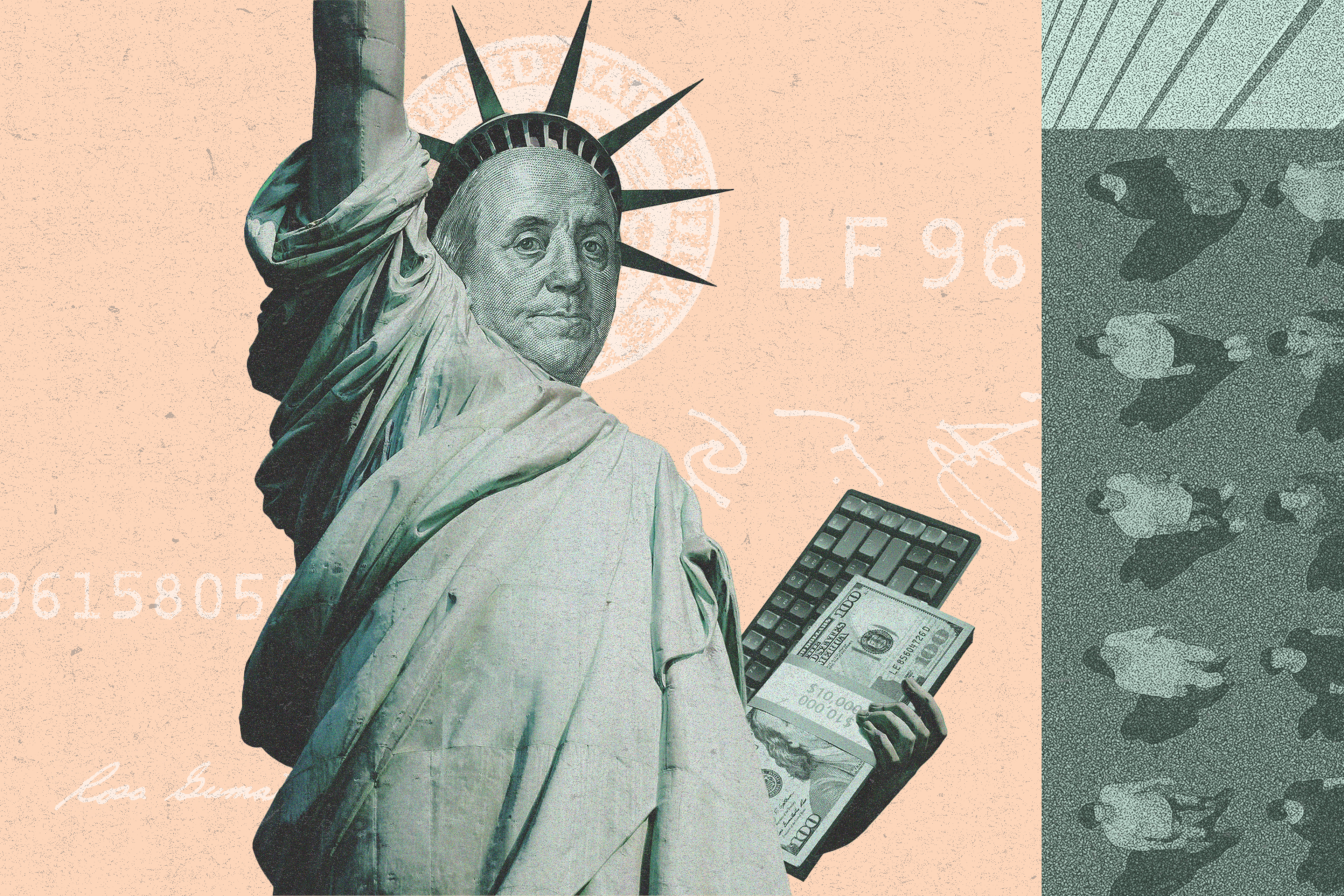 A Statue of Liberty figure with Benjamin Franklin’s face holds a keyboard and dollar bills, while shadowy figures walk in formation on the right side.