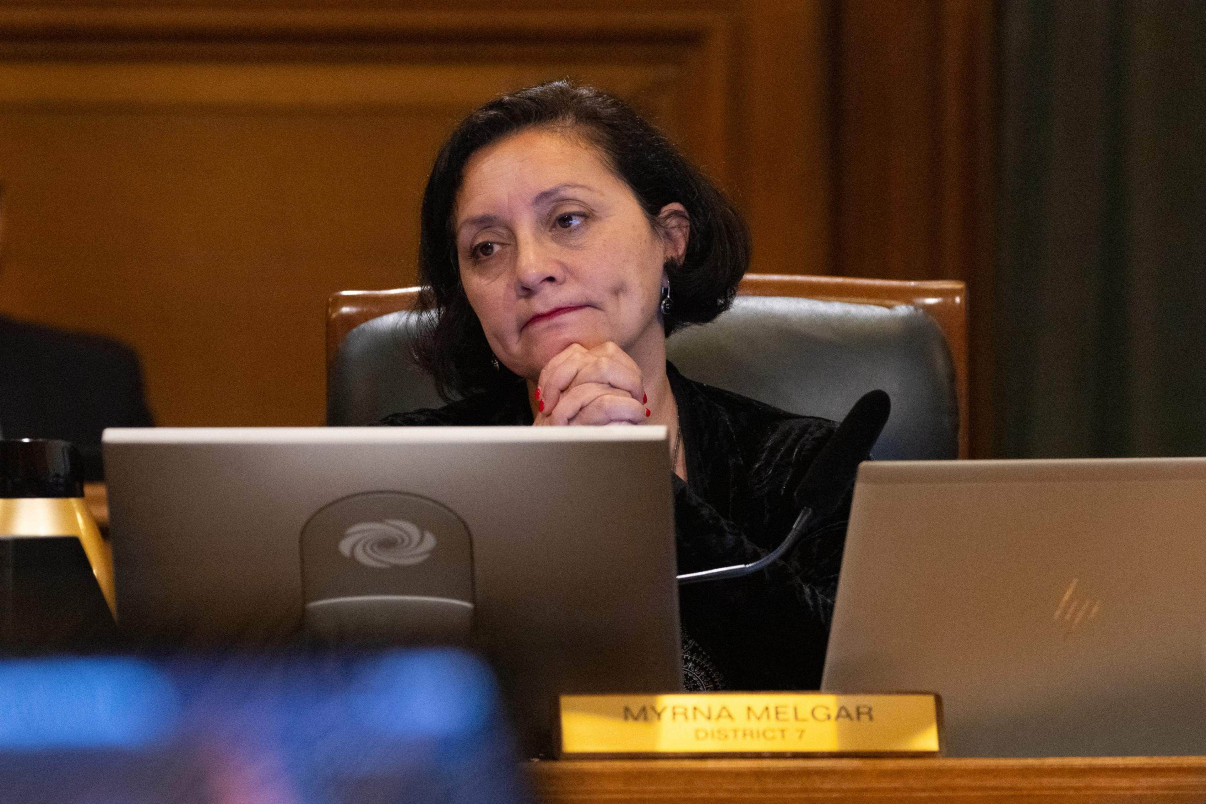 Supervisor Myrna Melgar looks over with her hands claps during public comment at the Board of Supervisors public comment.