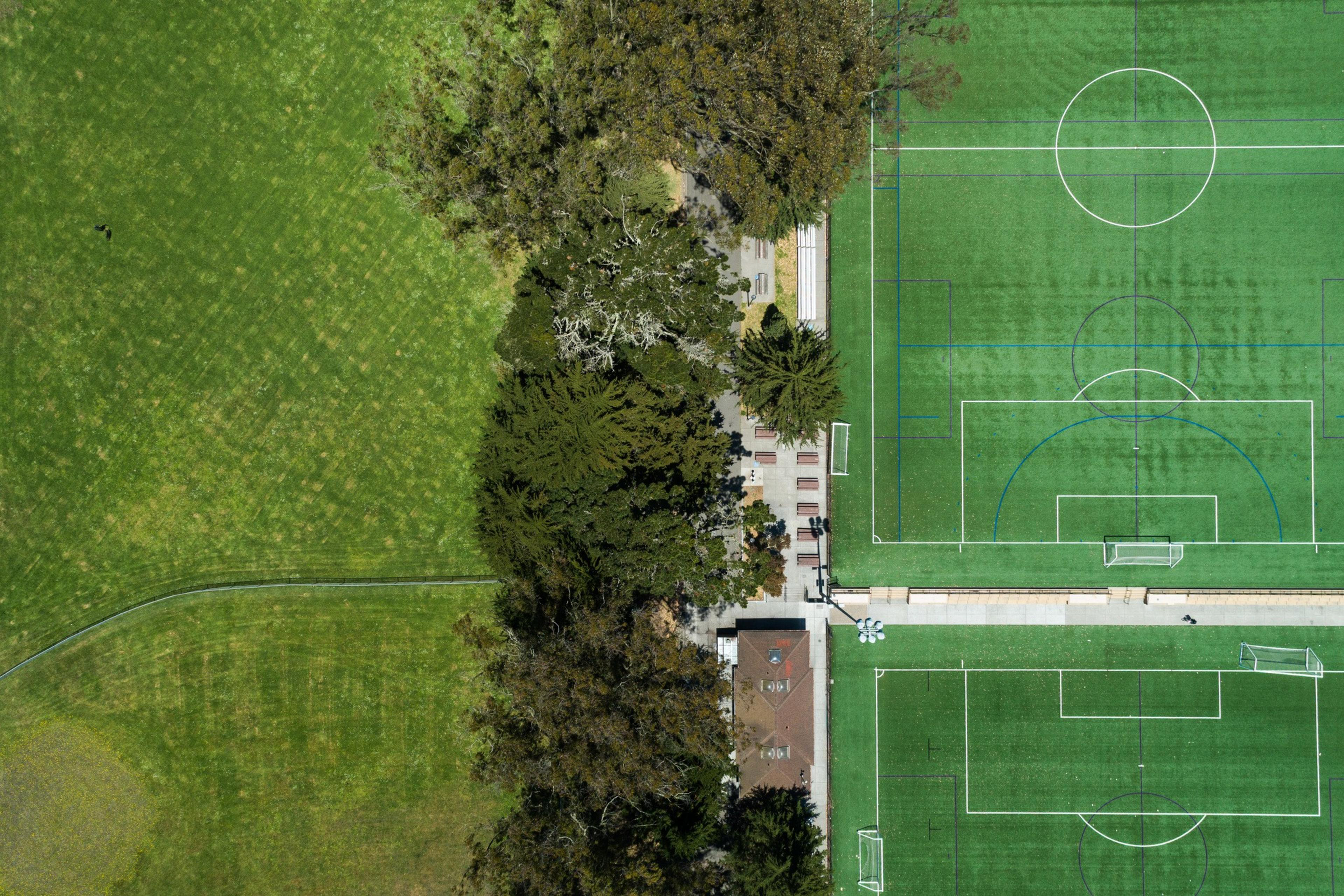 The image shows an aerial view of a sports complex with a grassy field on the left and a soccer field on the right, separated by a row of trees and benches.