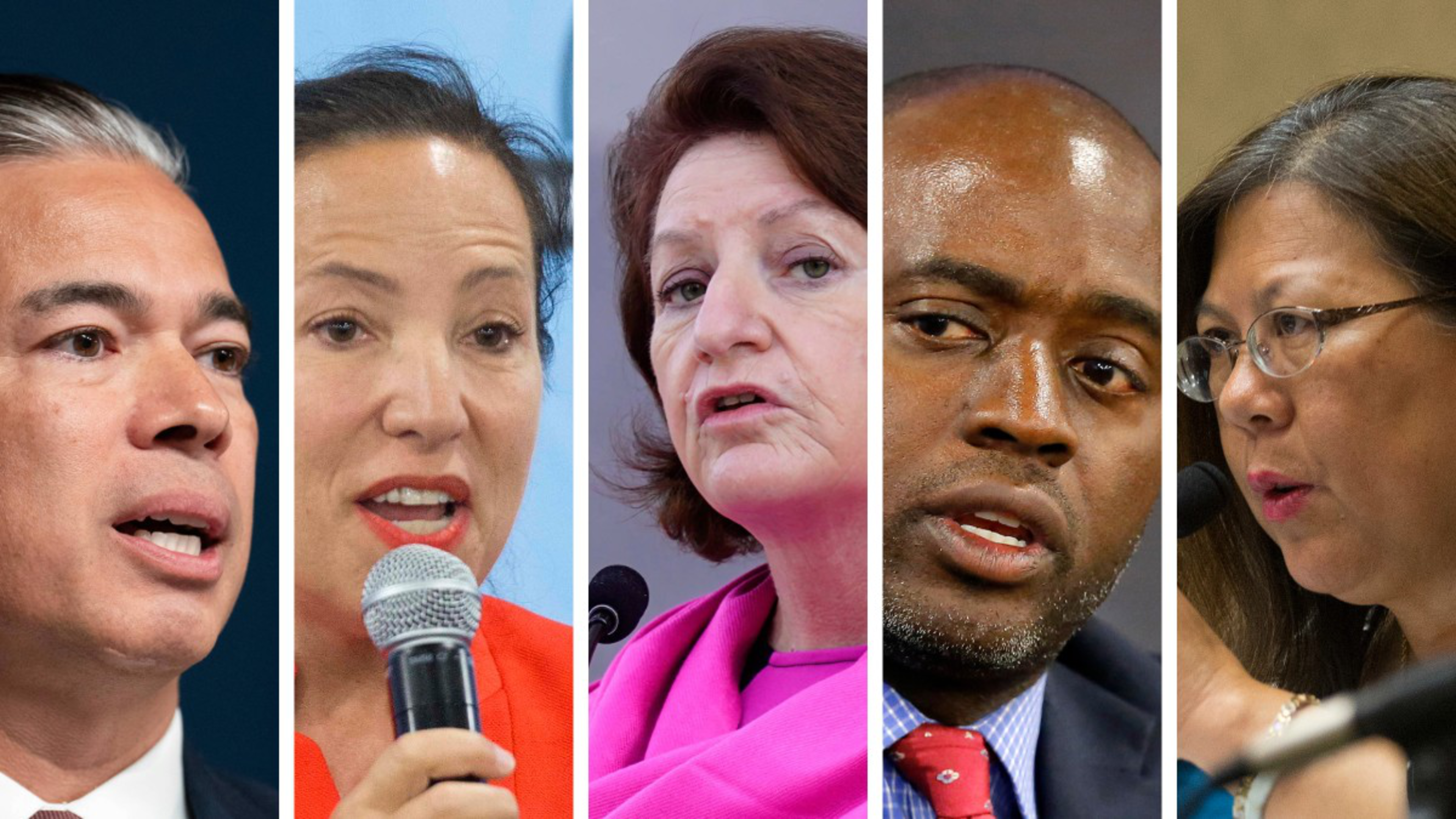 The image shows a collage of five different individuals, each potentially a speaker or public figure, with microphones, captured mid-speech.
