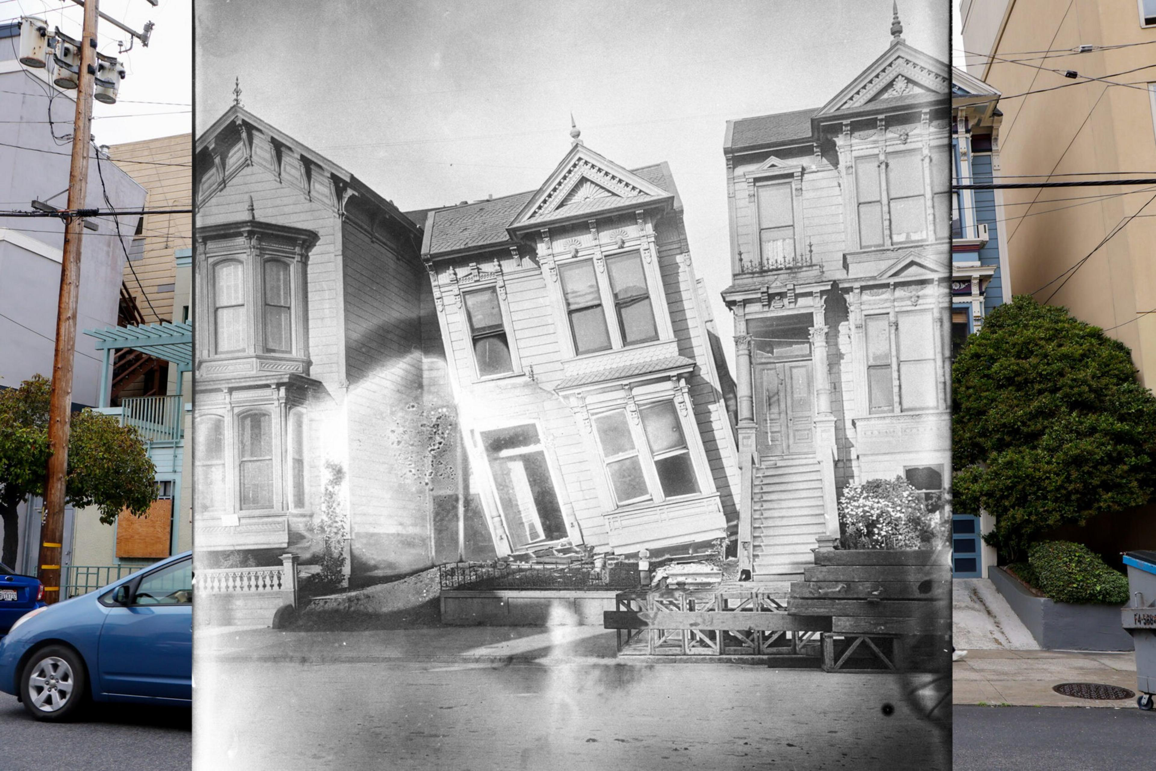 Three Victorian-style houses, with the middle one tilted, are shown in a black and white photograph superimposed on a modern colored street scene.