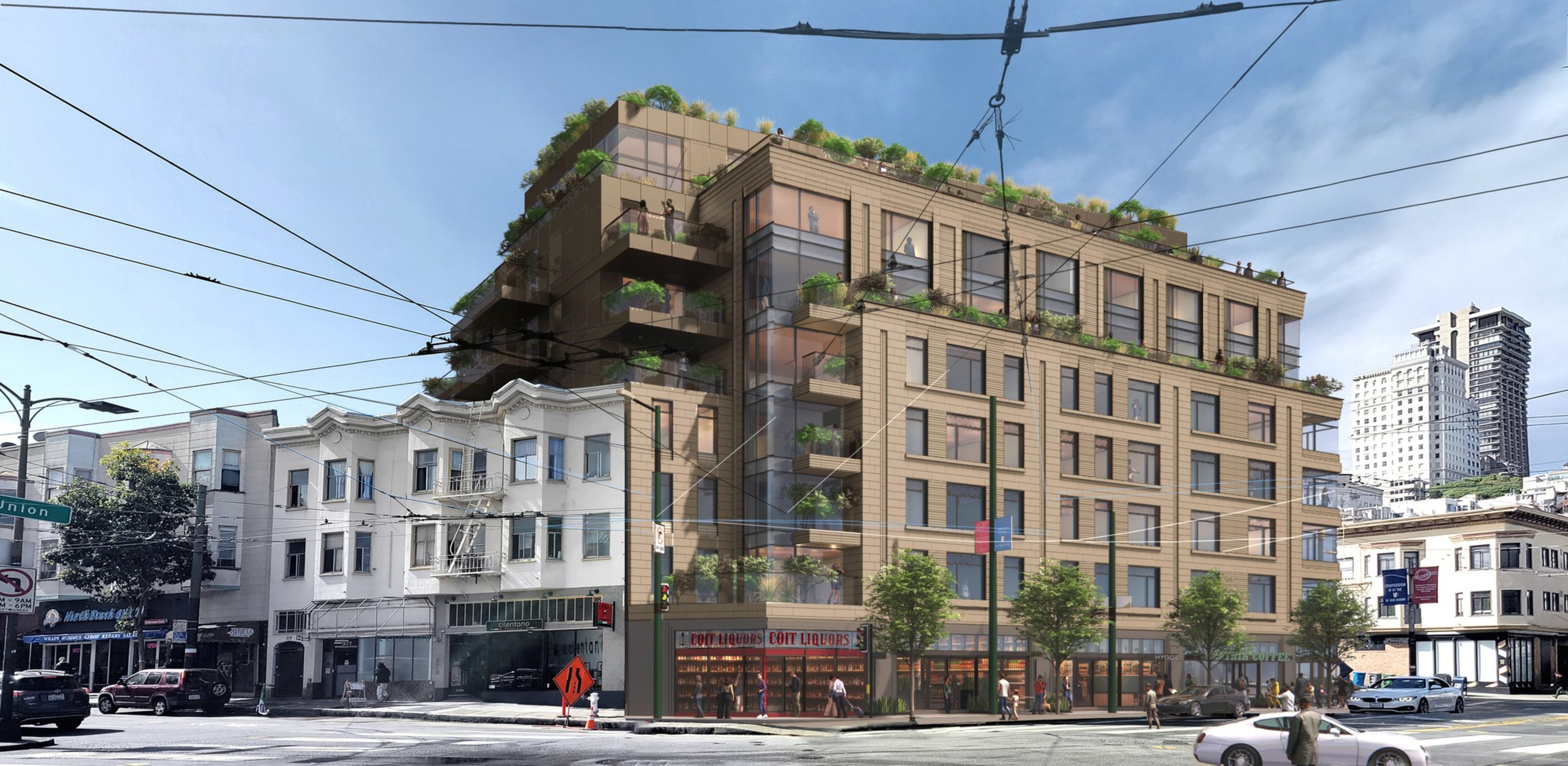 A modern six-story building with balconies and rooftop greenery stands at a busy city corner, surrounded by older white buildings and cars.