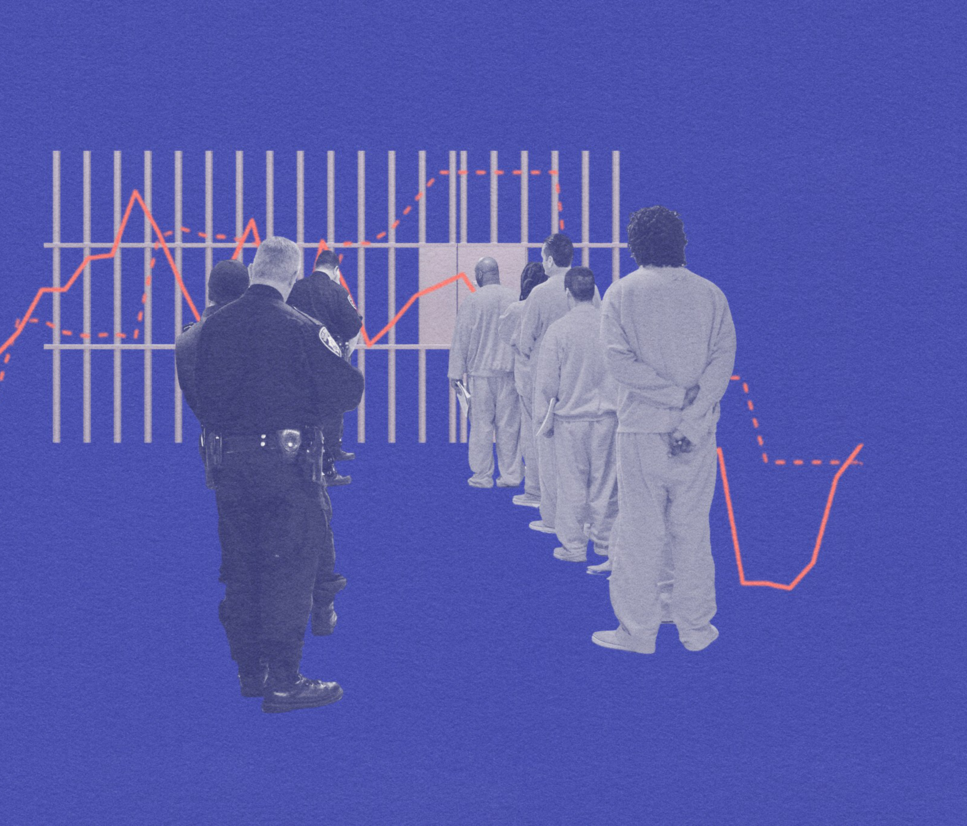 A photo illustration of men walking into a jail